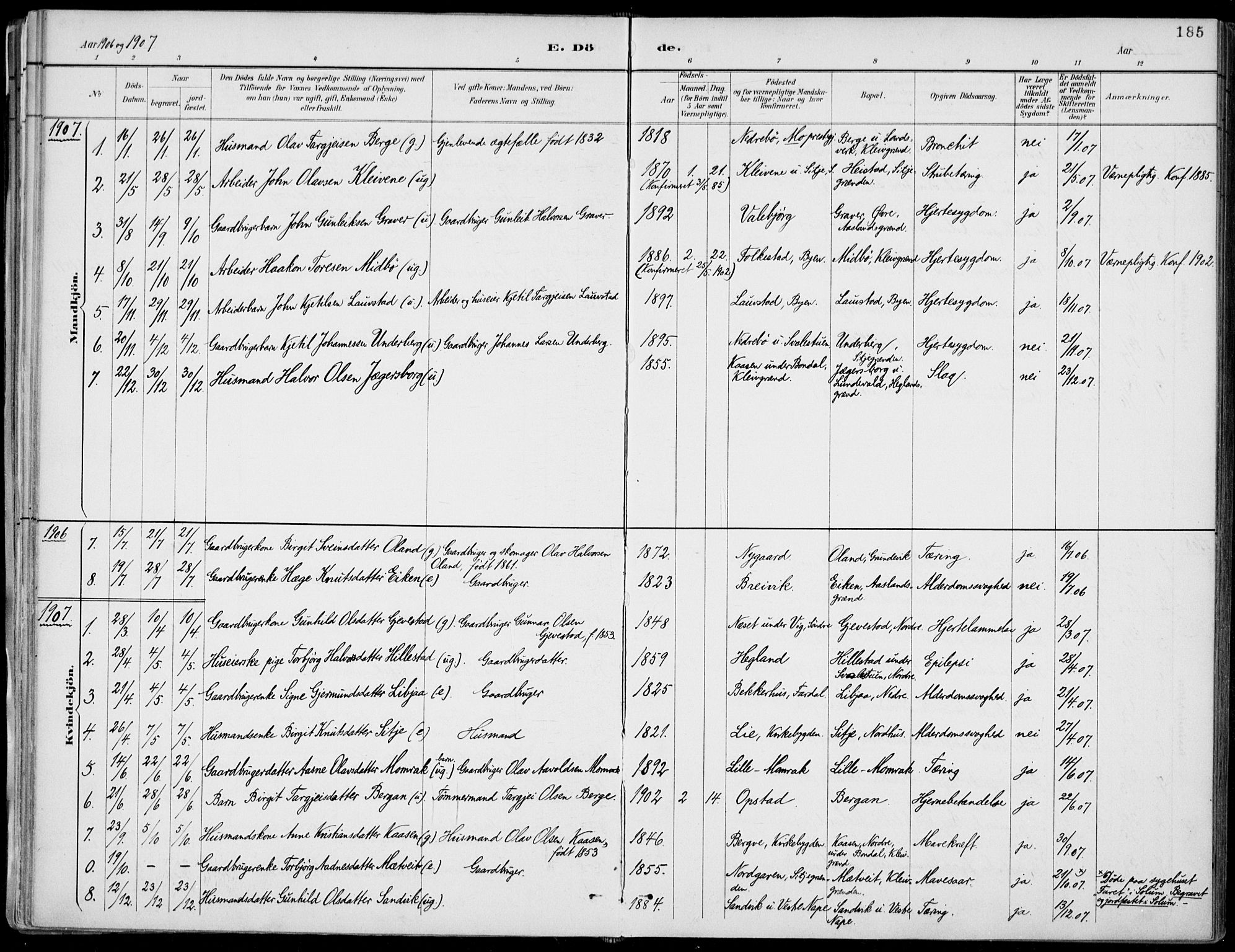 Fyresdal kirkebøker, SAKO/A-263/F/Fa/L0007: Parish register (official) no. I 7, 1887-1914, p. 185