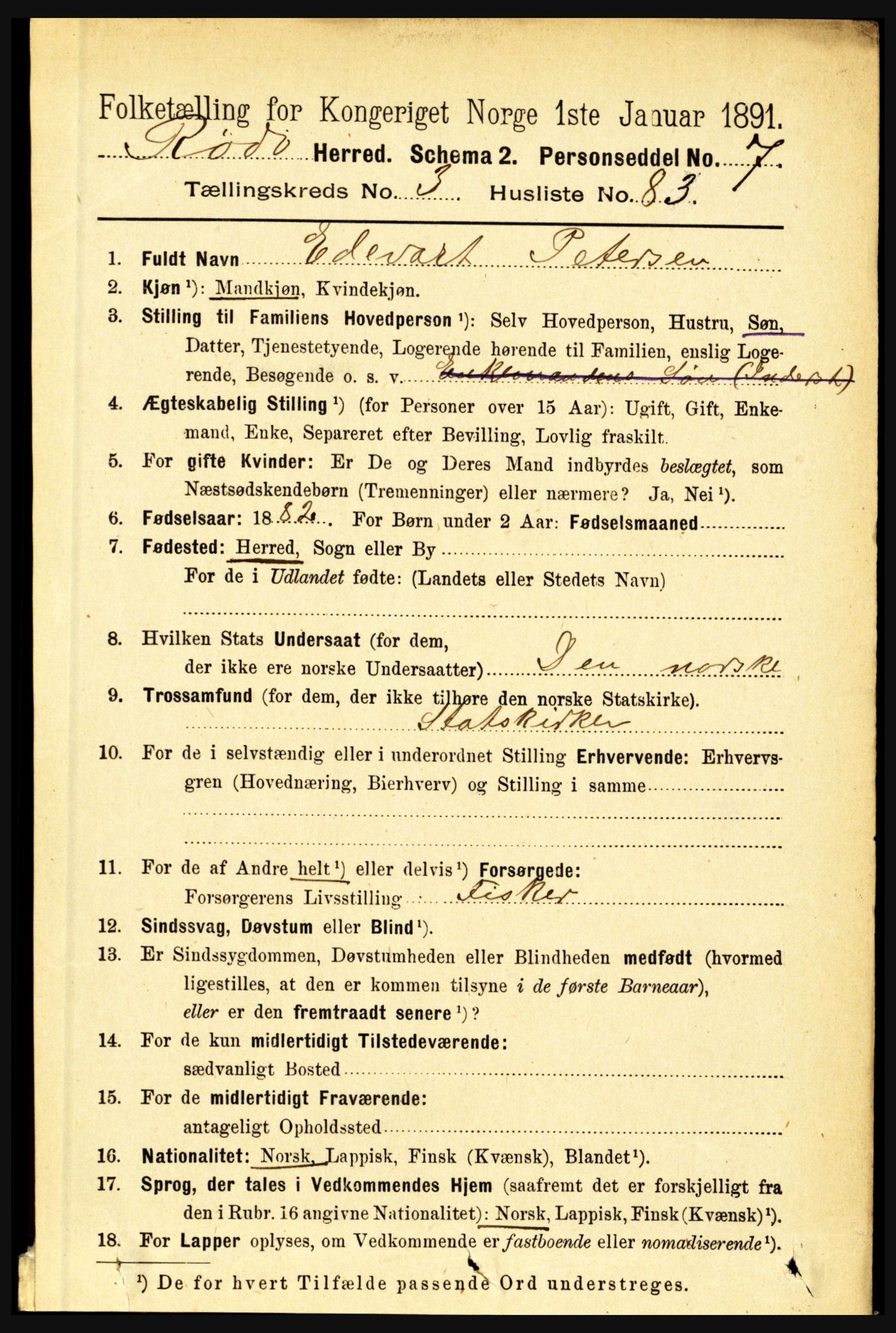 RA, 1891 census for 1836 Rødøy, 1891, p. 1481