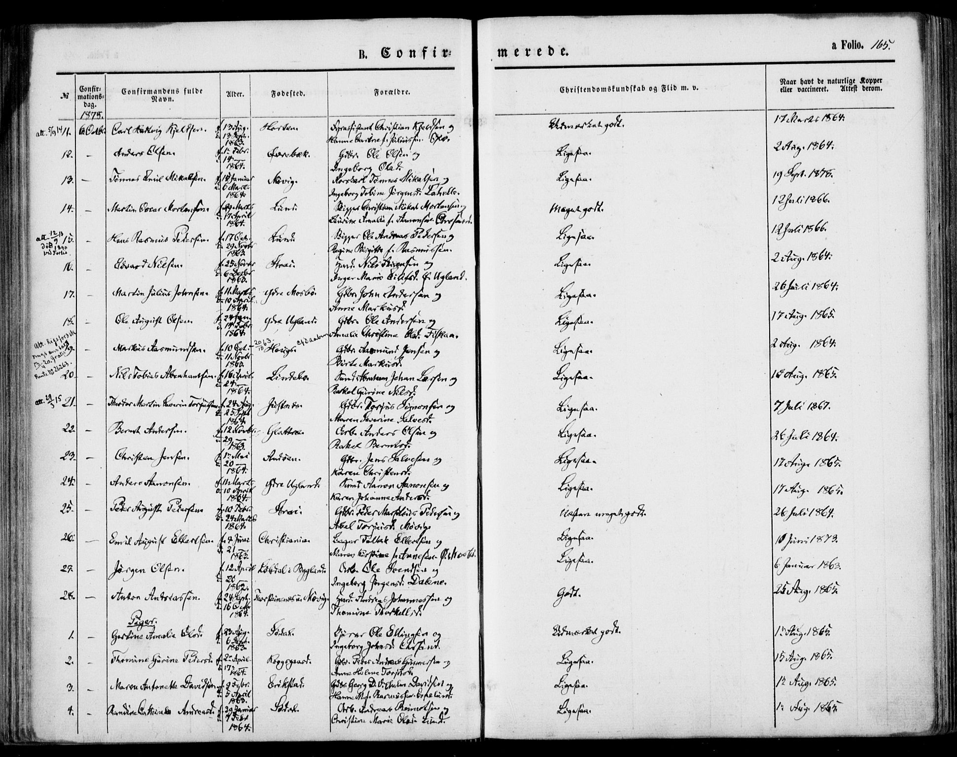 Oddernes sokneprestkontor, AV/SAK-1111-0033/F/Fa/Faa/L0008: Parish register (official) no. A 8, 1864-1880, p. 165