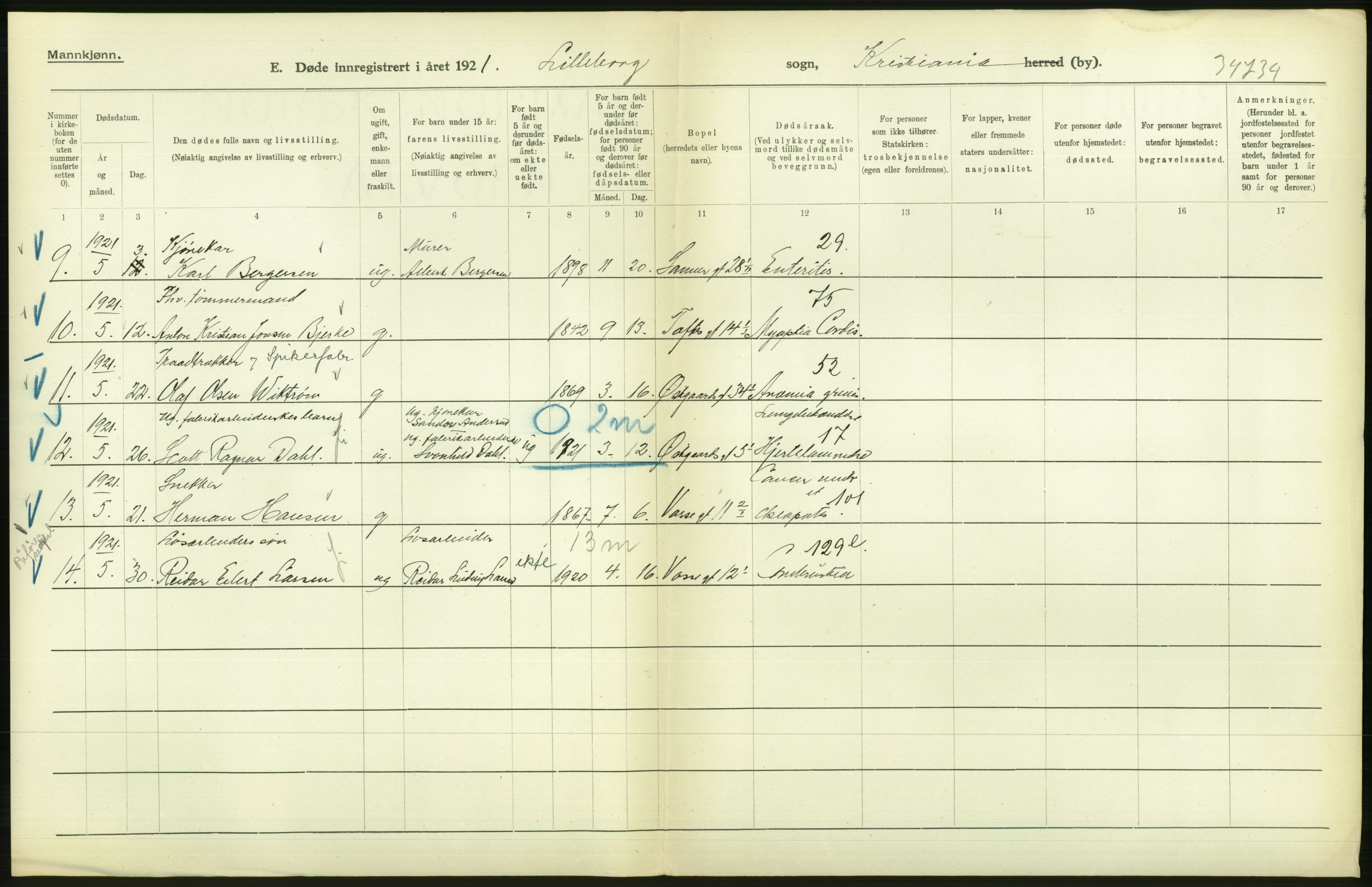 Statistisk sentralbyrå, Sosiodemografiske emner, Befolkning, AV/RA-S-2228/D/Df/Dfc/Dfca/L0012: Kristiania: Døde, 1921, p. 108