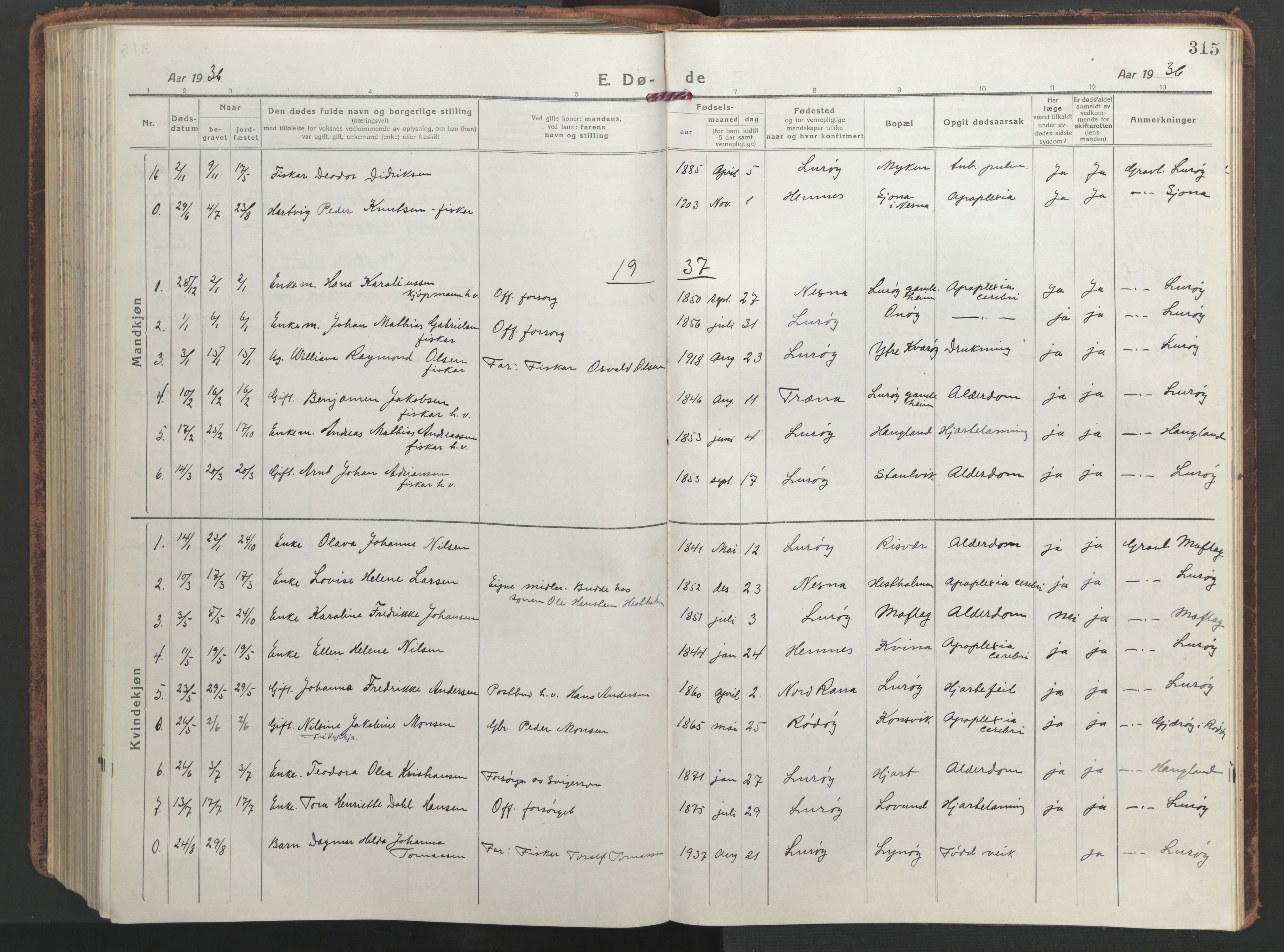 Ministerialprotokoller, klokkerbøker og fødselsregistre - Nordland, SAT/A-1459/839/L0574: Parish register (copy) no. 839C04, 1918-1950, p. 315