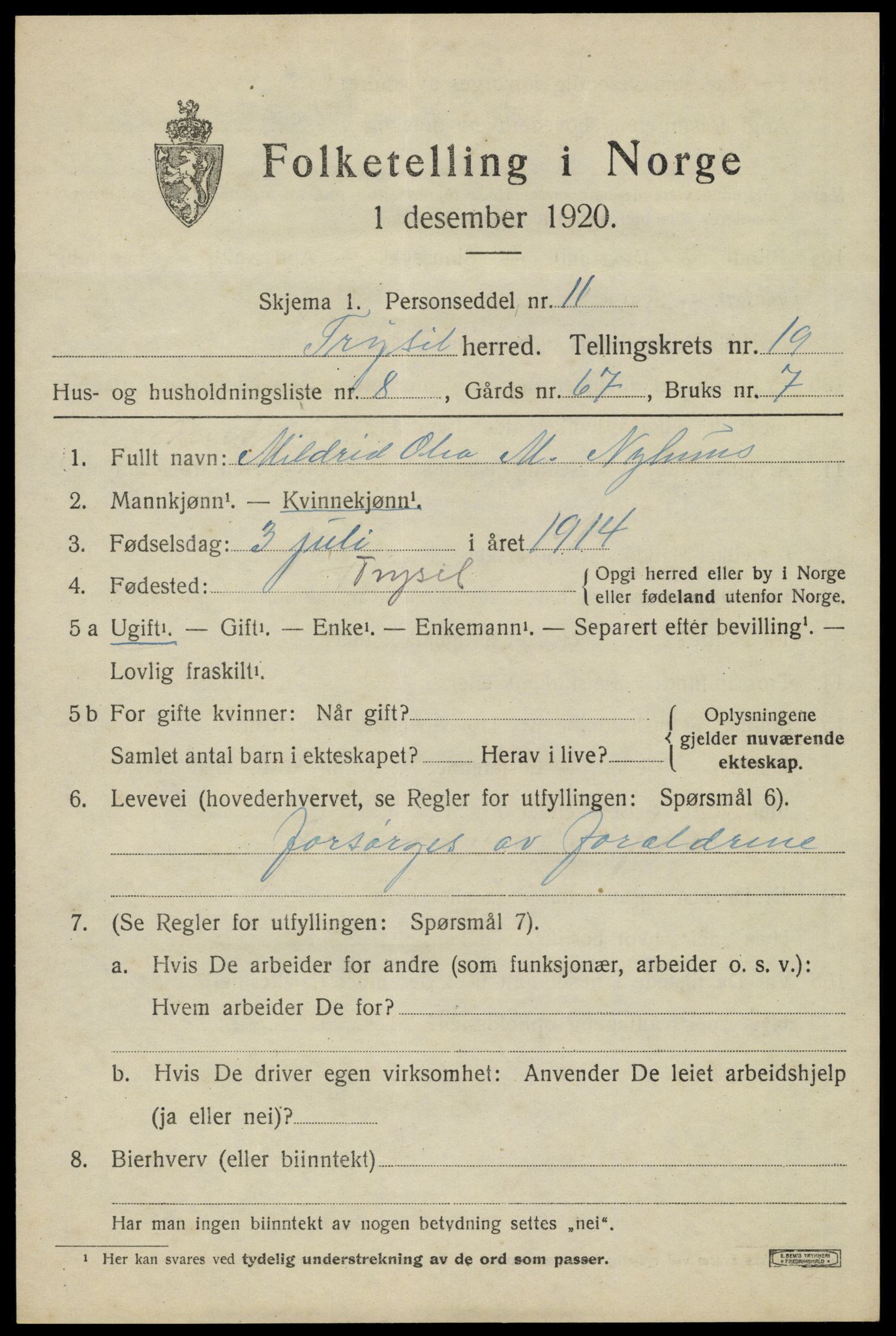 SAH, 1920 census for Trysil, 1920, p. 12835