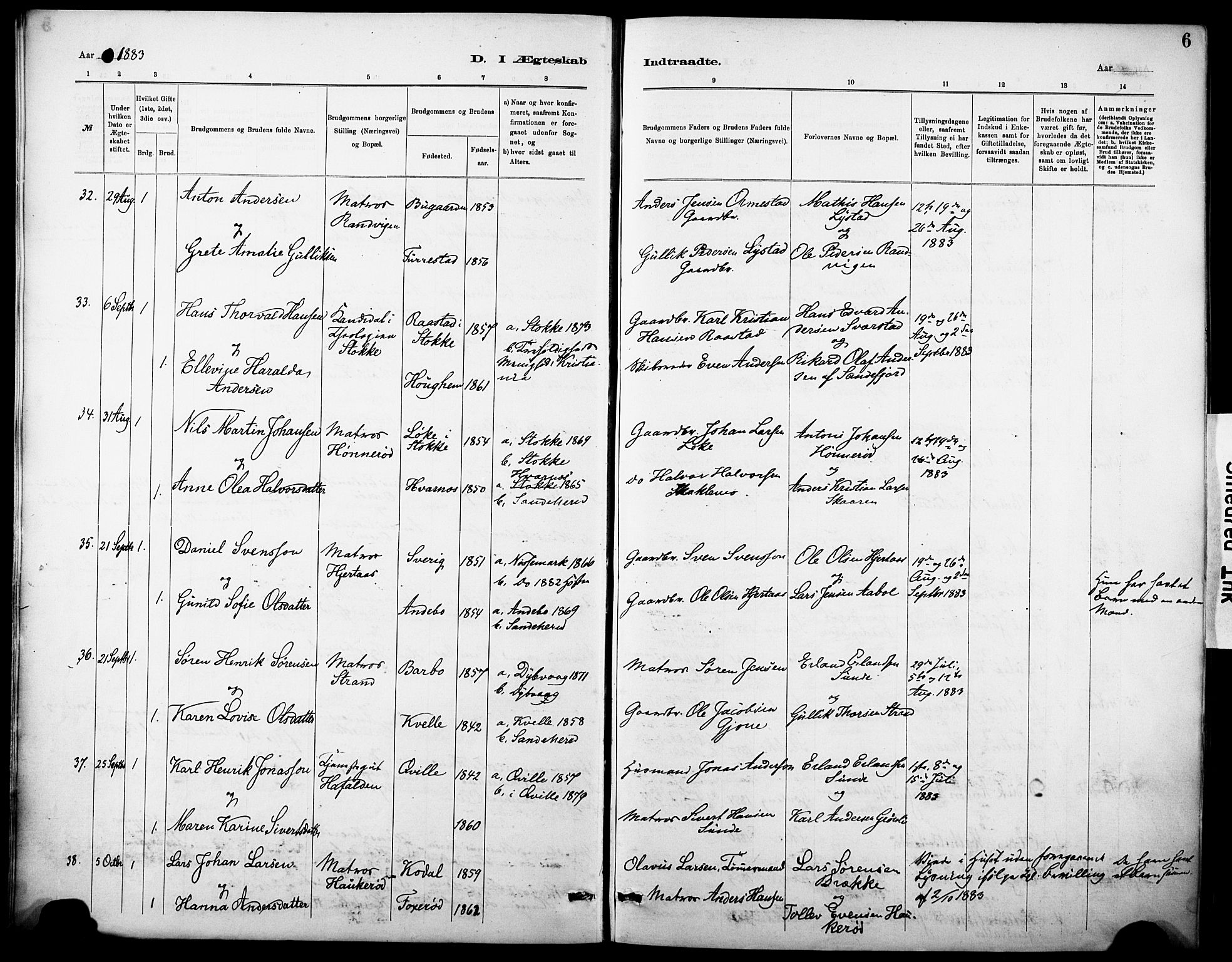 Sandar kirkebøker, AV/SAKO-A-243/F/Fa/L0013: Parish register (official) no. 13, 1883-1895, p. 6