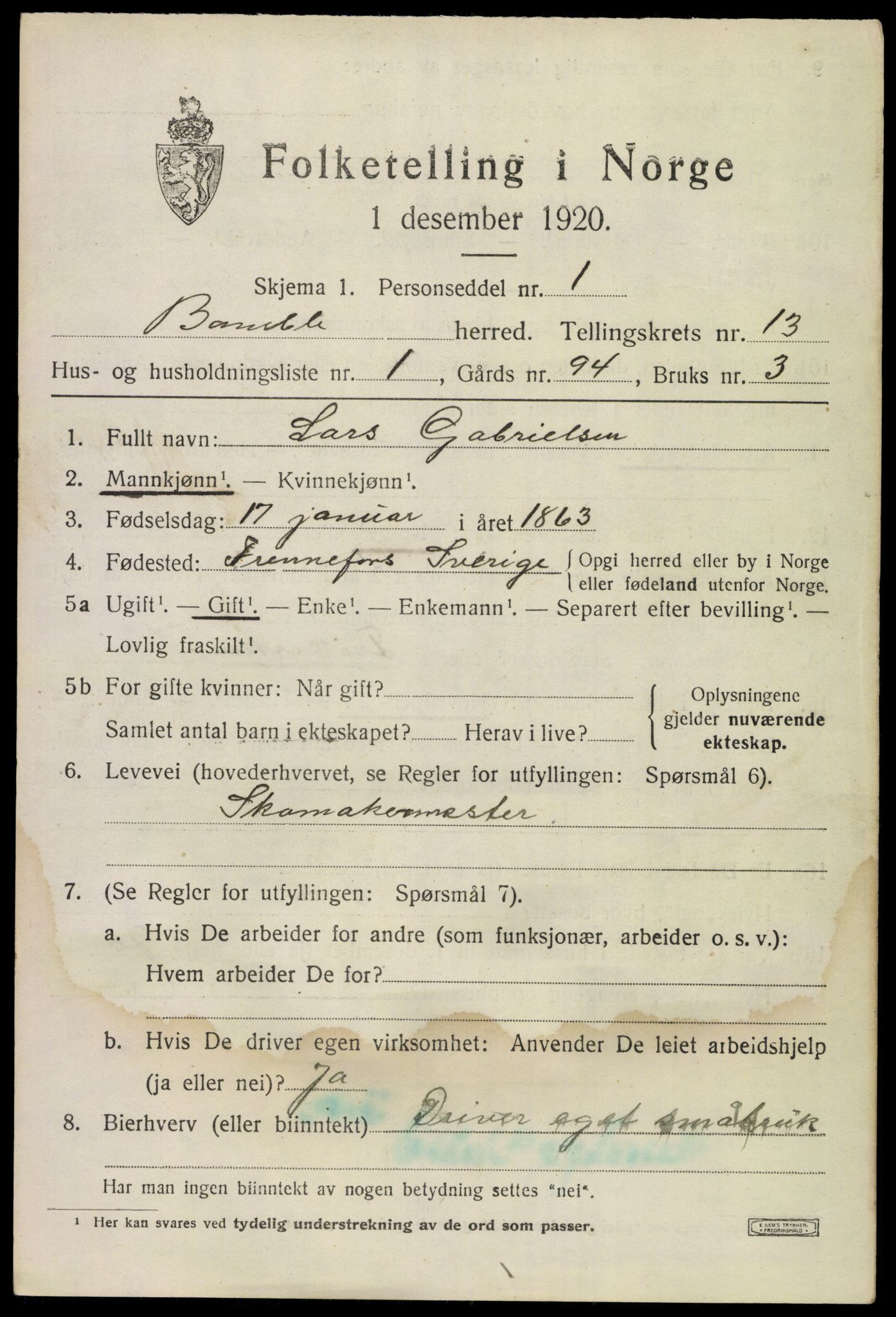 SAKO, 1920 census for Bamble, 1920, p. 9525