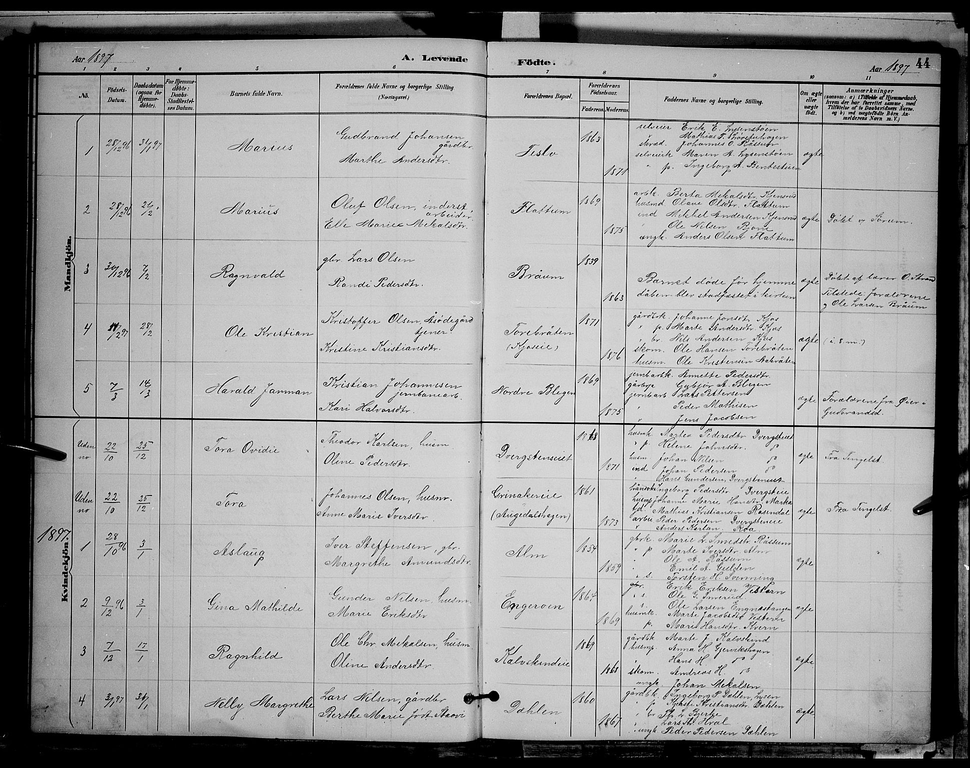 Gran prestekontor, SAH/PREST-112/H/Ha/Hab/L0004: Parish register (copy) no. 4, 1890-1899, p. 44