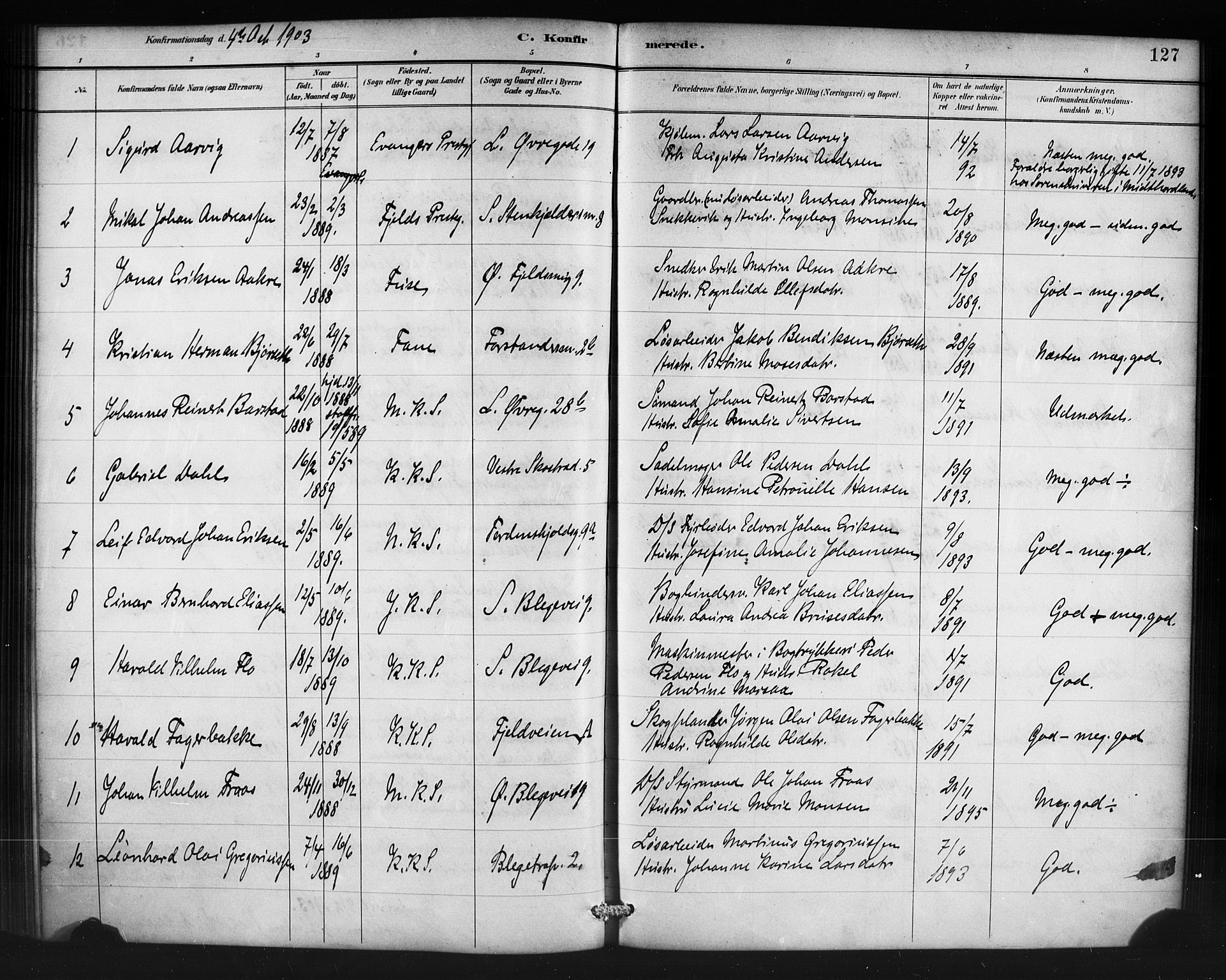 Korskirken sokneprestembete, SAB/A-76101/H/Haa/L0071: Curate's parish register no. A 6, 1885-1912, p. 127