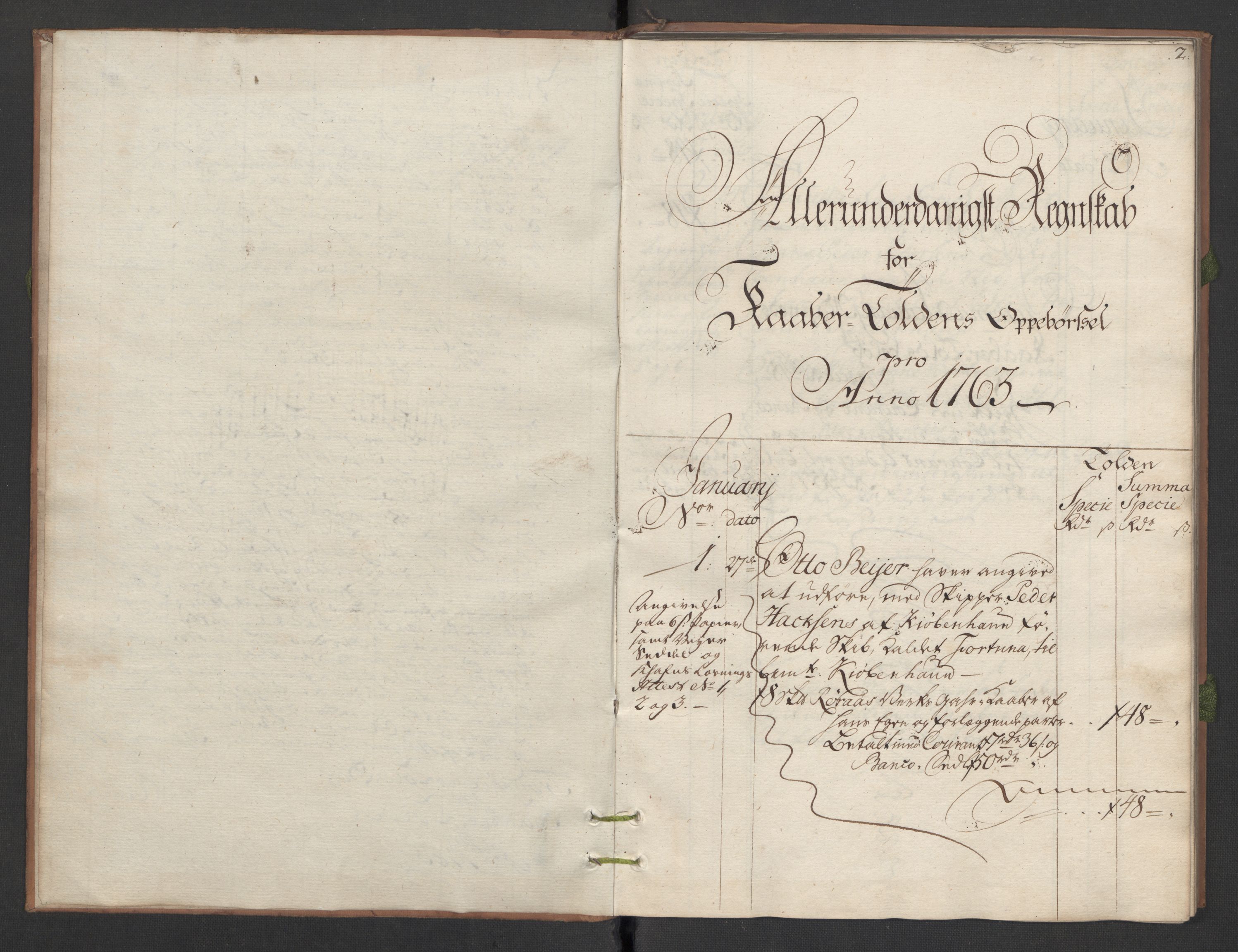 Generaltollkammeret, tollregnskaper, AV/RA-EA-5490/R34/L0013/0001: Koppertollregnskaper Trondheim B / Tollbok for koppertollen, 1763