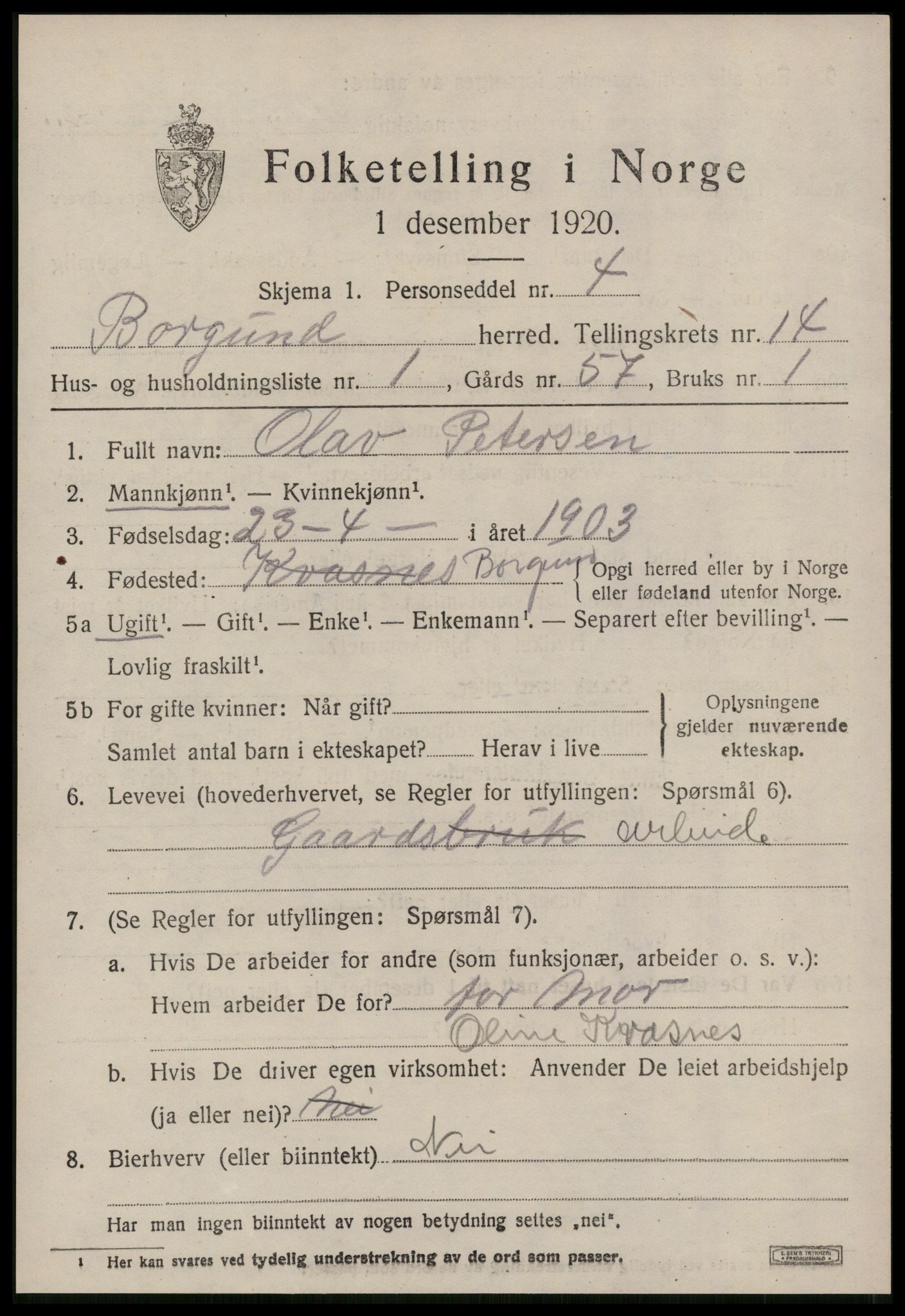 SAT, 1920 census for Borgund, 1920, p. 11072