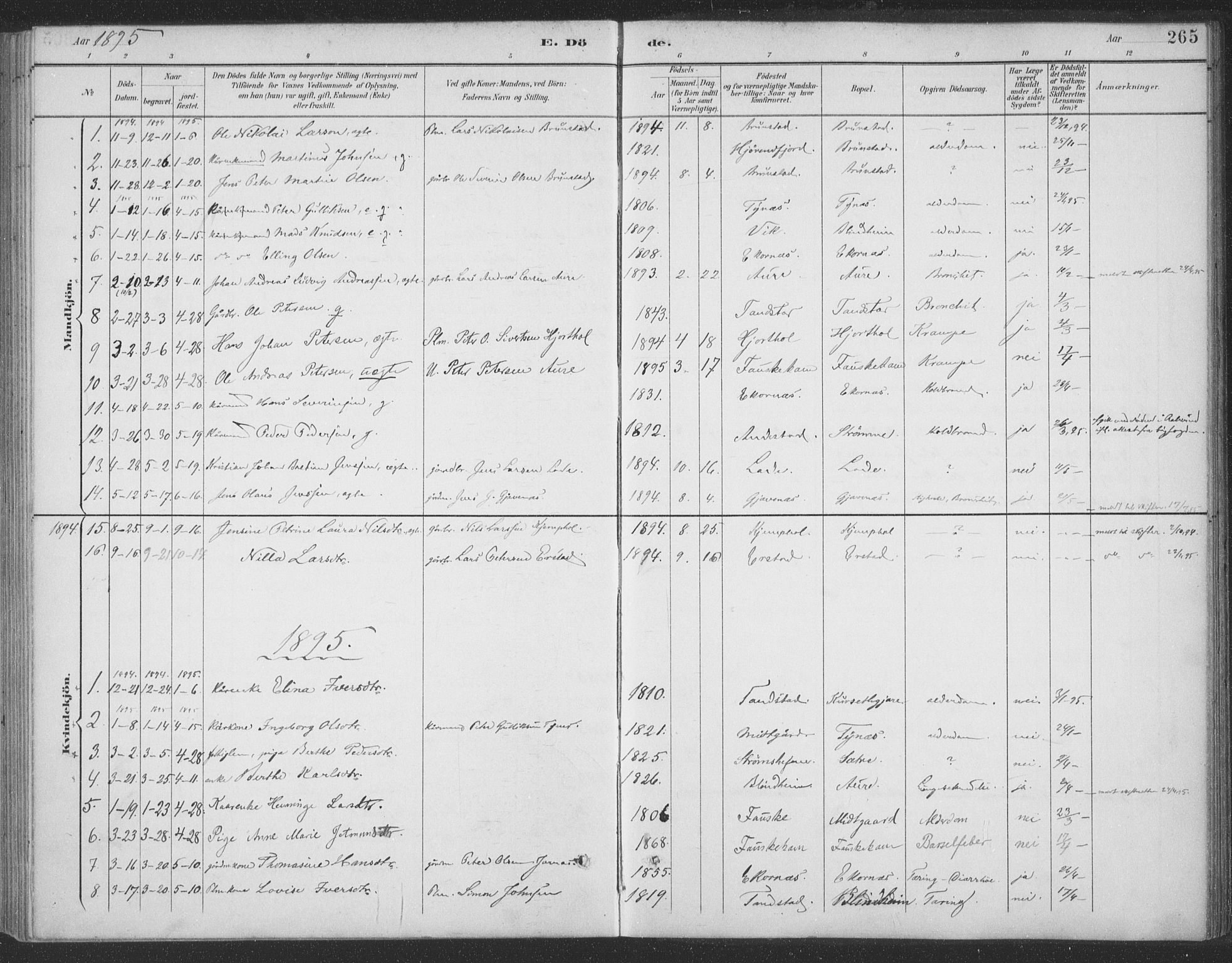 Ministerialprotokoller, klokkerbøker og fødselsregistre - Møre og Romsdal, AV/SAT-A-1454/523/L0335: Parish register (official) no. 523A02, 1891-1911, p. 265