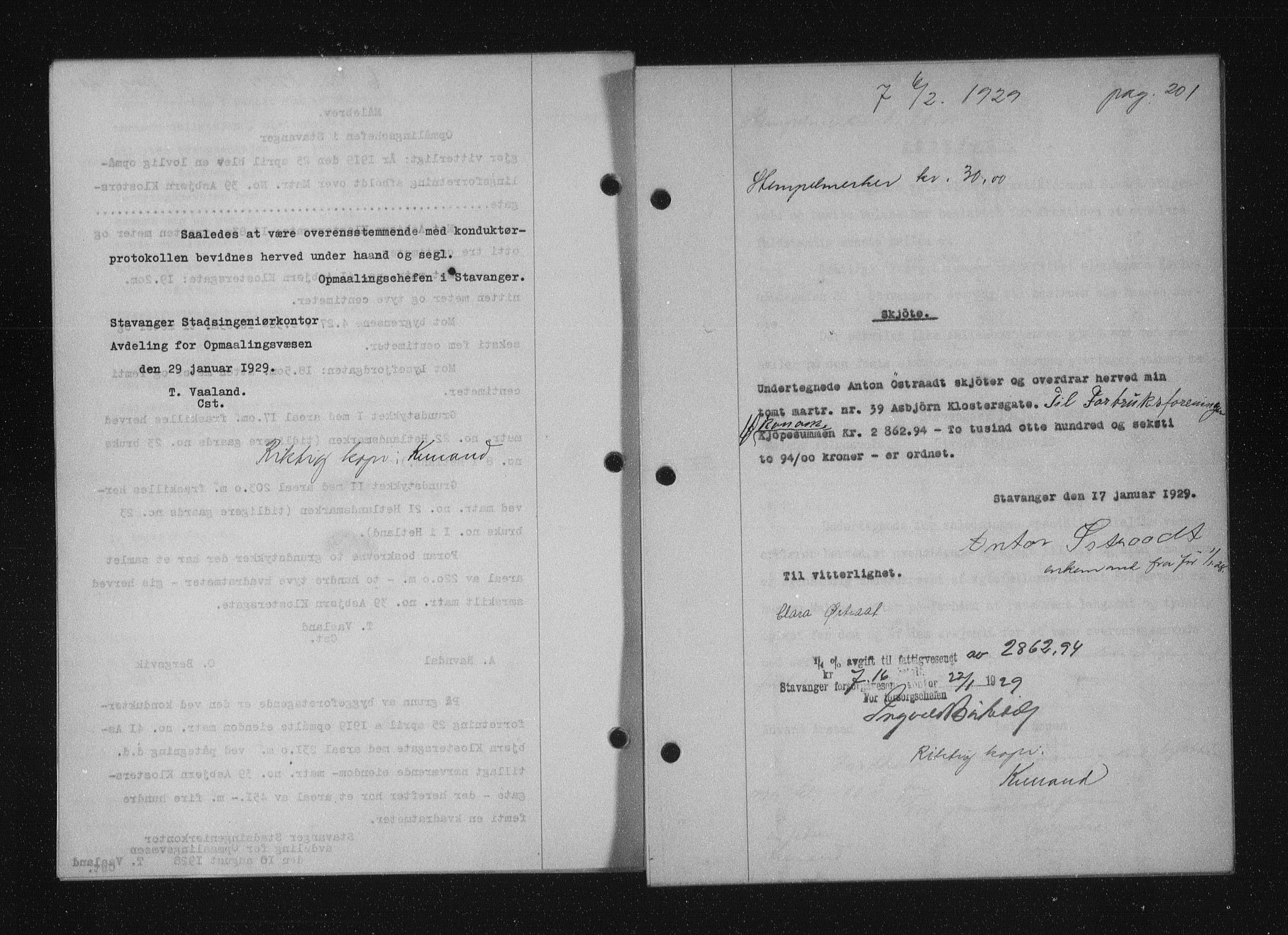 Stavanger byfogd, SAST/A-101408/001/4/41/410/410BB/L0055: Mortgage book no. 43, 1928-1929, Deed date: 06.02.1929