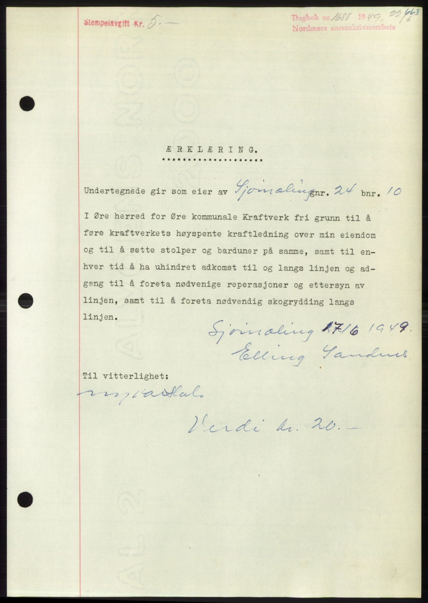 Nordmøre sorenskriveri, AV/SAT-A-4132/1/2/2Ca: Mortgage book no. B101, 1949-1949, Diary no: : 1688/1949