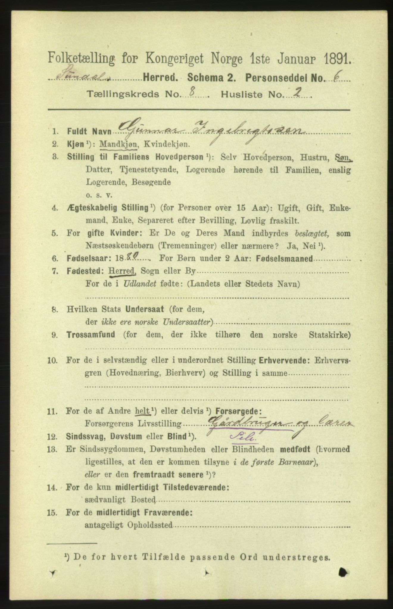 RA, 1891 census for 1563 Sunndal, 1891, p. 2158