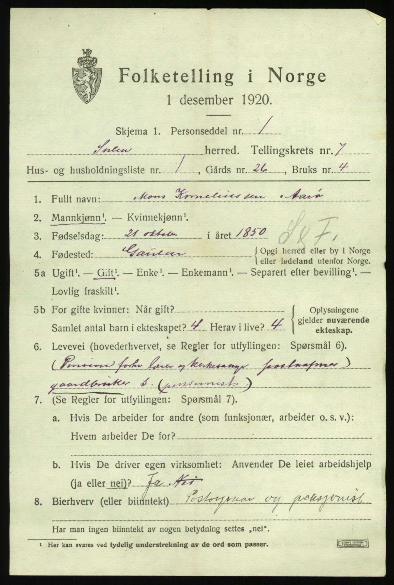 SAB, 1920 census for Solund, 1920, p. 2718