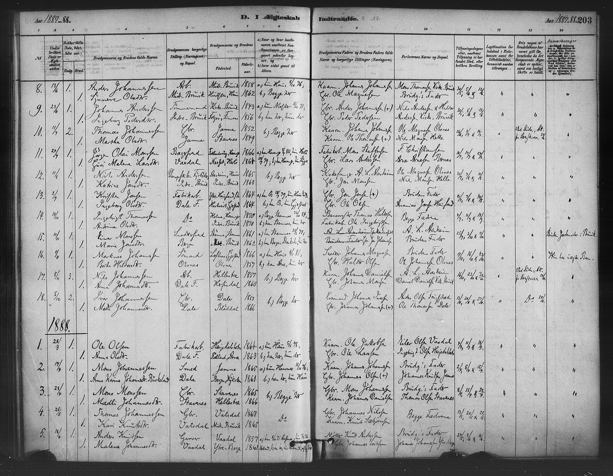 Bruvik Sokneprestembete, SAB/A-74701/H/Haa: Parish register (official) no. B 1, 1878-1904, p. 203