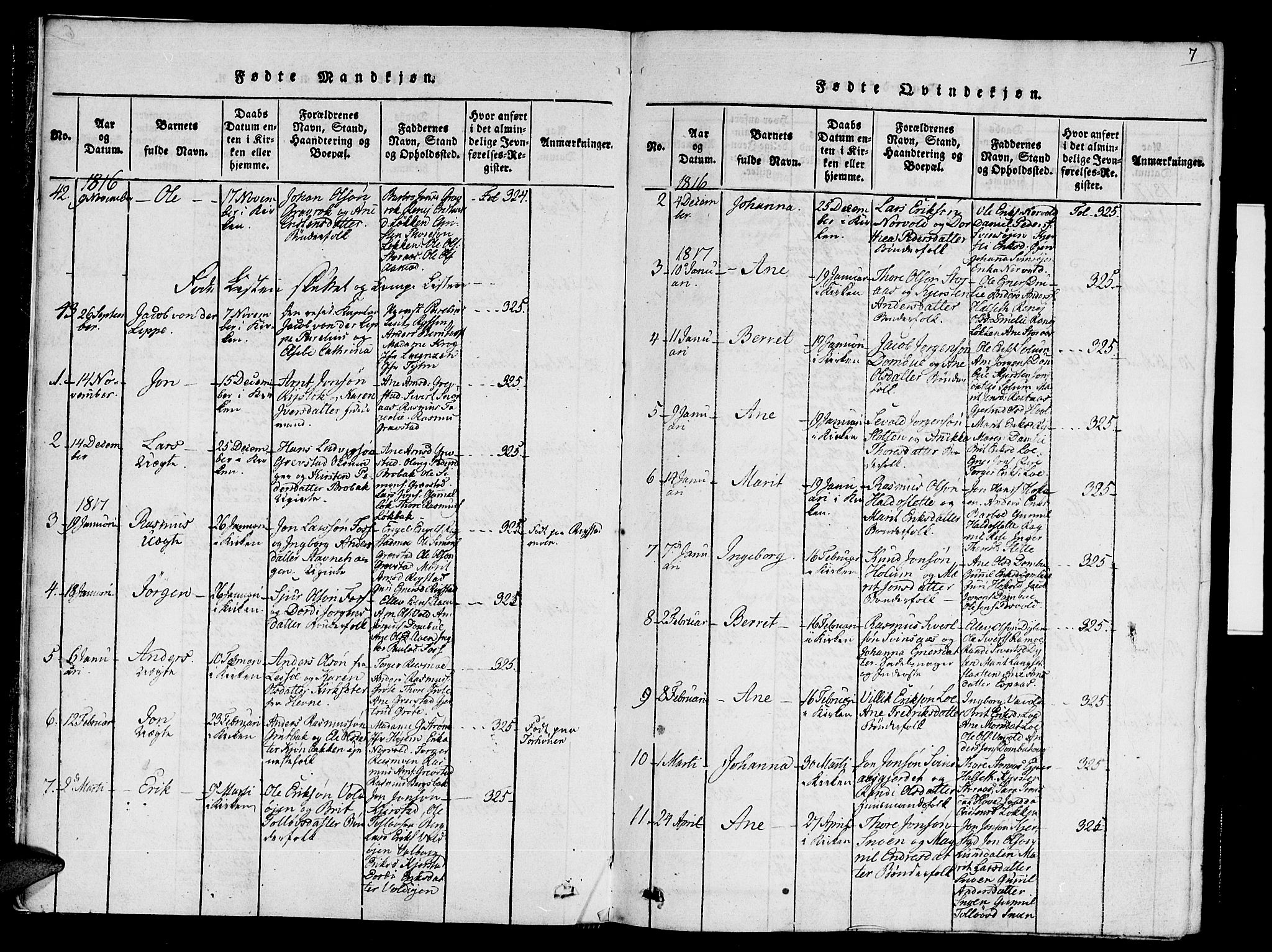 Ministerialprotokoller, klokkerbøker og fødselsregistre - Sør-Trøndelag, SAT/A-1456/672/L0853: Parish register (official) no. 672A06 /1, 1816-1829, p. 7