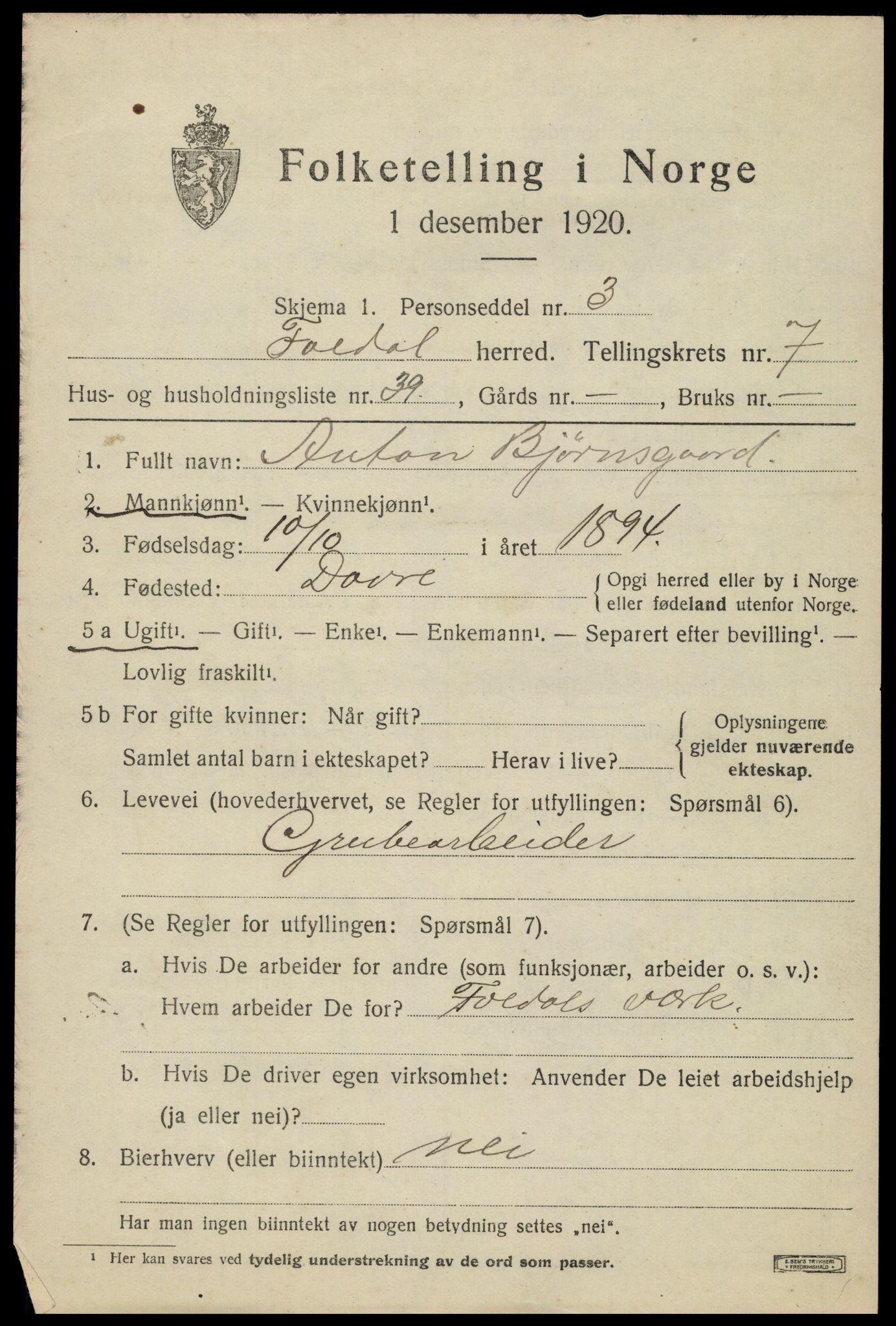 SAH, 1920 census for Folldal, 1920, p. 4343