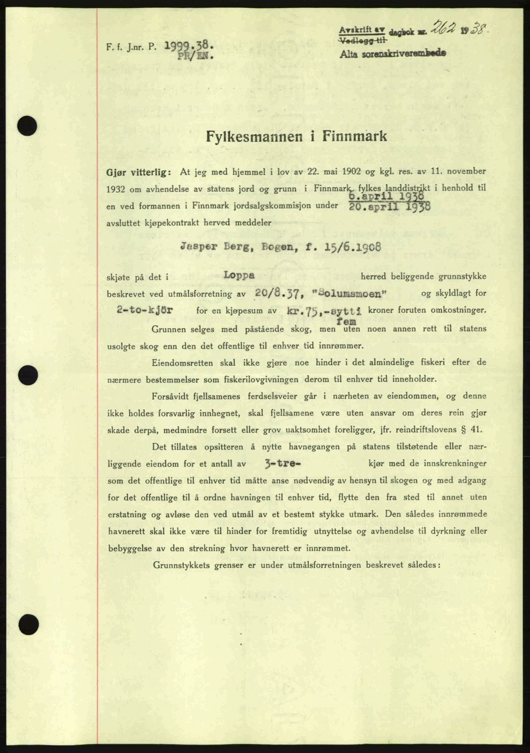 Alta fogderi/sorenskriveri, SATØ/SATØ-5/1/K/Kd/L0031pantebok: Mortgage book no. 31, 1938-1939, Diary no: : 262/1938