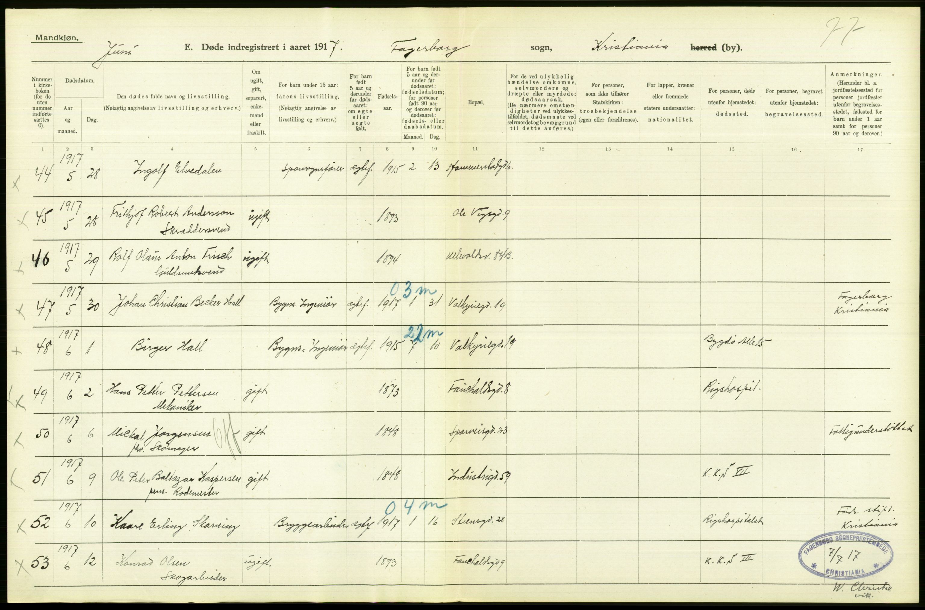 Statistisk sentralbyrå, Sosiodemografiske emner, Befolkning, AV/RA-S-2228/D/Df/Dfb/Dfbg/L0010: Kristiania: Døde, 1917, p. 418