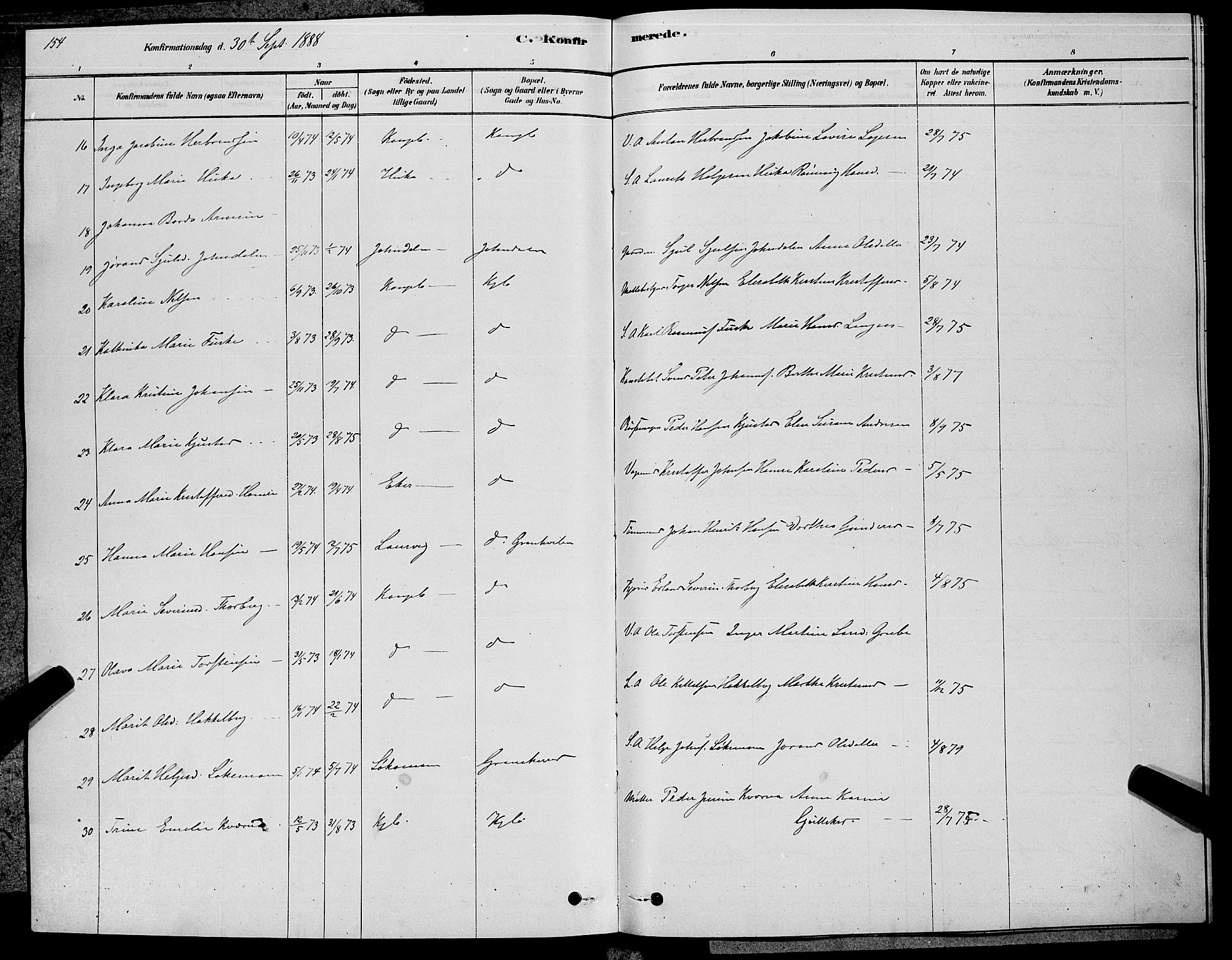 Kongsberg kirkebøker, SAKO/A-22/G/Ga/L0005: Parish register (copy) no. 5, 1878-1889, p. 154