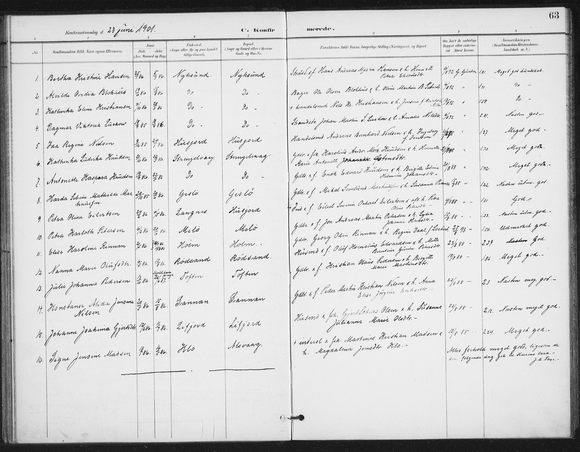 Ministerialprotokoller, klokkerbøker og fødselsregistre - Nordland, SAT/A-1459/894/L1356: Parish register (official) no. 894A02, 1897-1914, p. 63