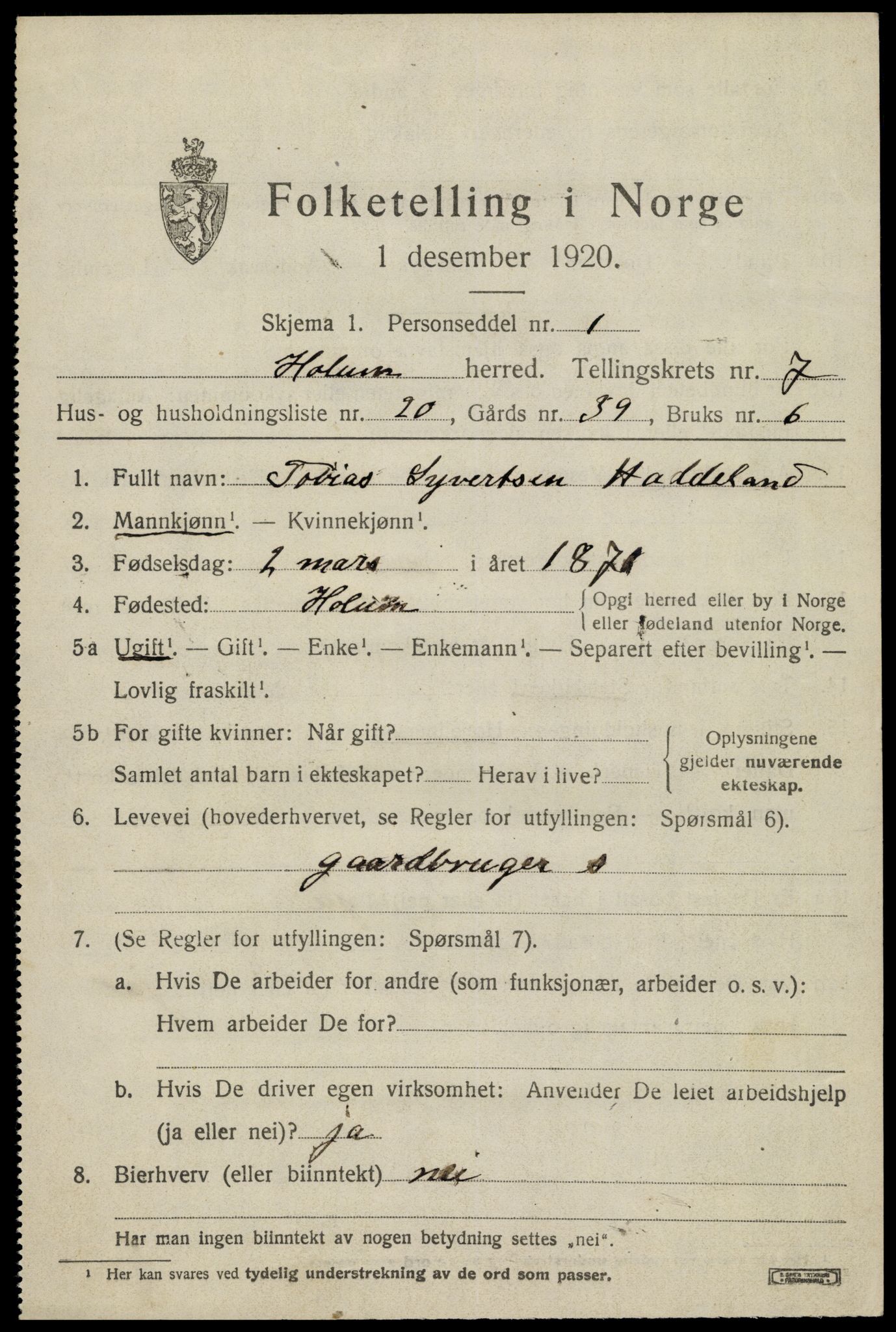 SAK, 1920 census for Holum, 1920, p. 2513