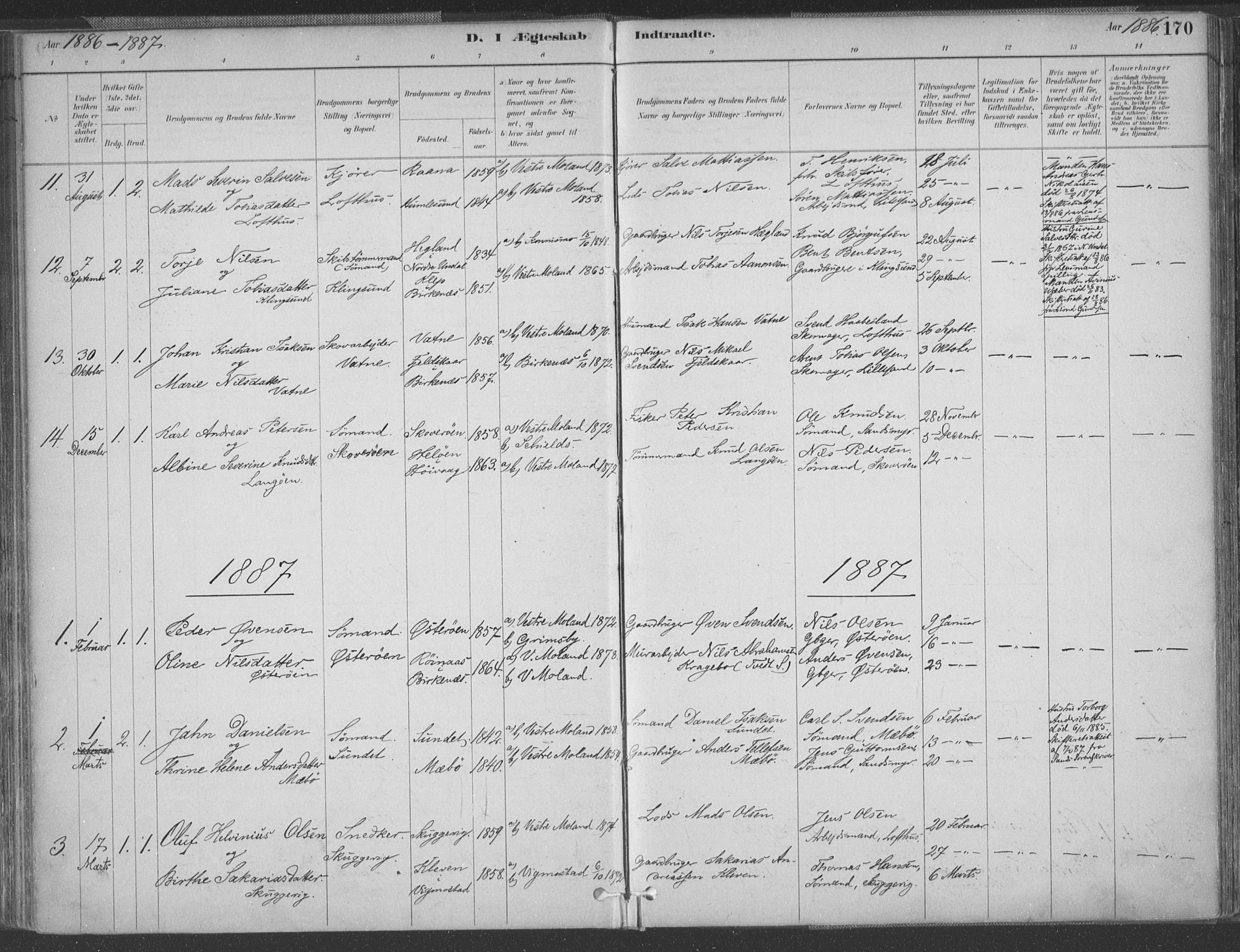 Vestre Moland sokneprestkontor, AV/SAK-1111-0046/F/Fa/Fab/L0009: Parish register (official) no. A 9, 1884-1899, p. 170