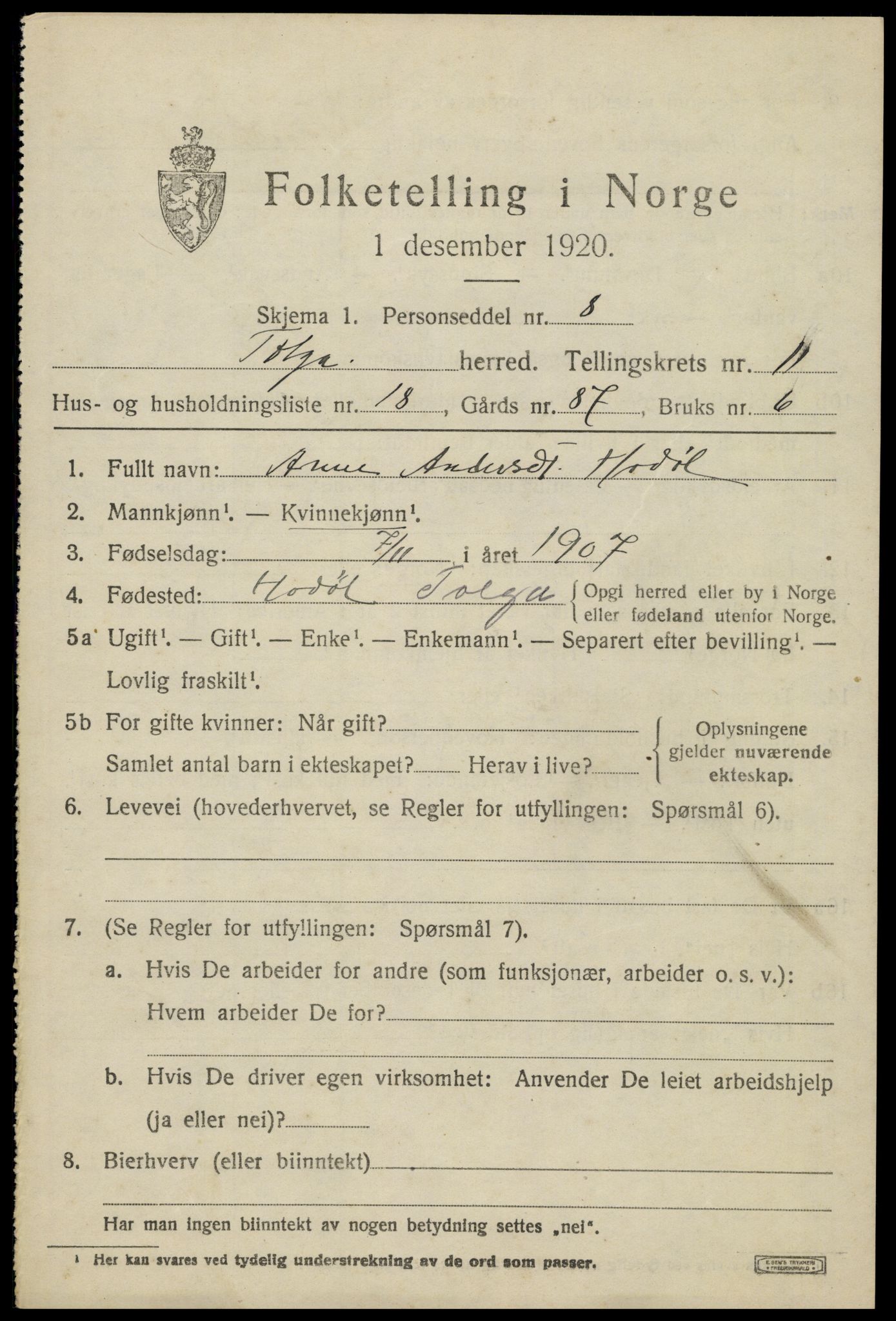 SAH, 1920 census for Tolga, 1920, p. 5451