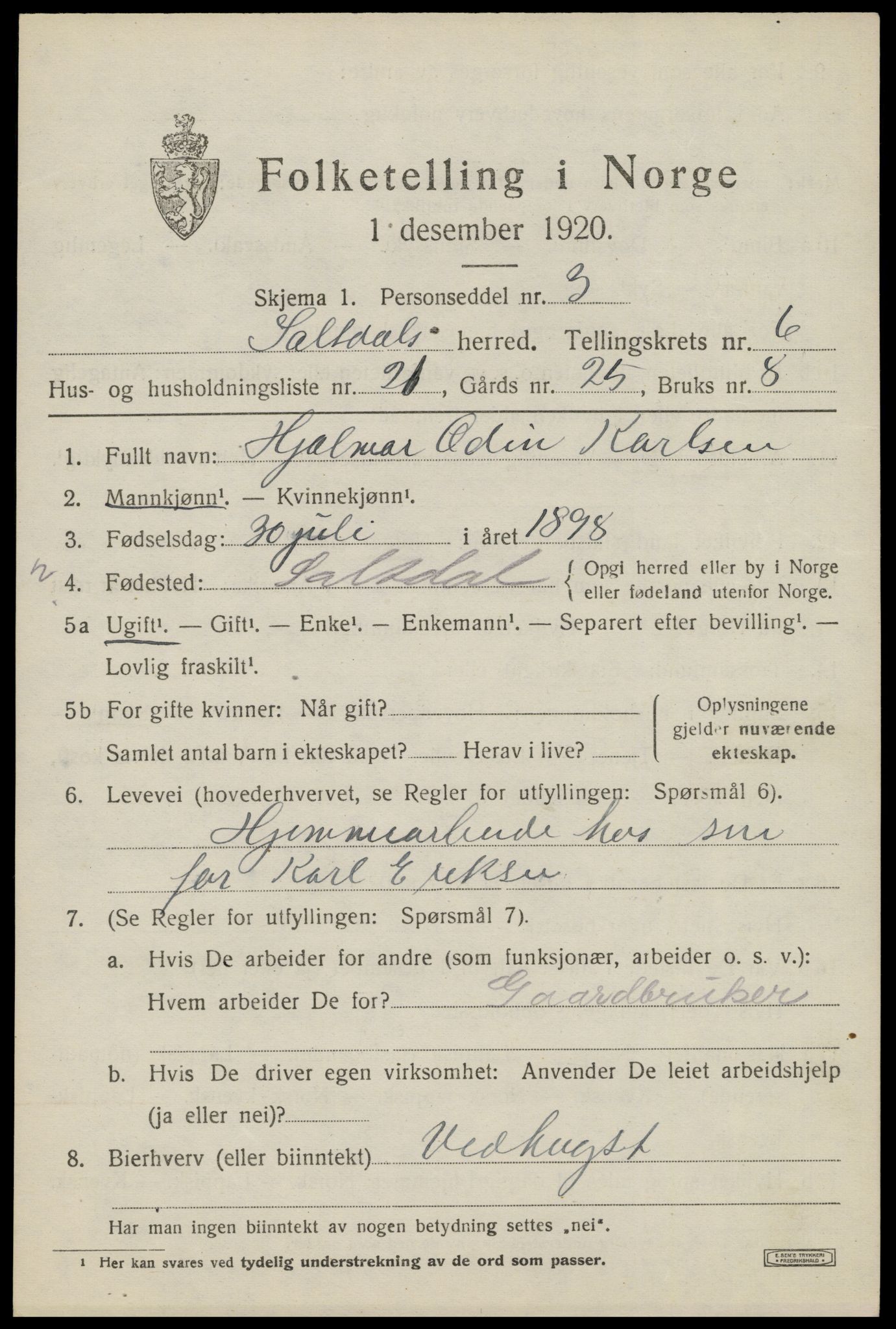 SAT, 1920 census for Saltdal, 1920, p. 7605