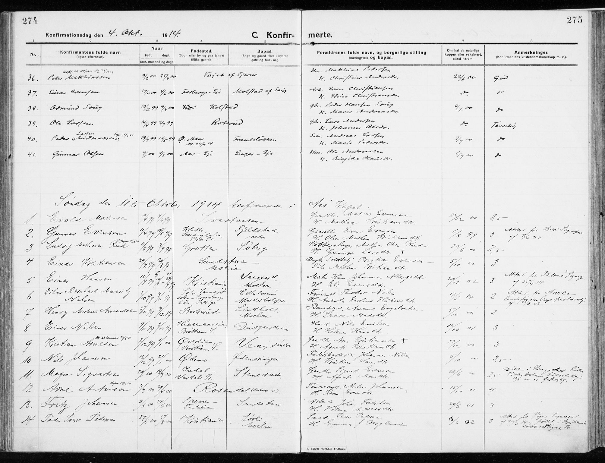 Ringsaker prestekontor, AV/SAH-PREST-014/K/Ka/L0020: Parish register (official) no. 20, 1913-1922, p. 274-275