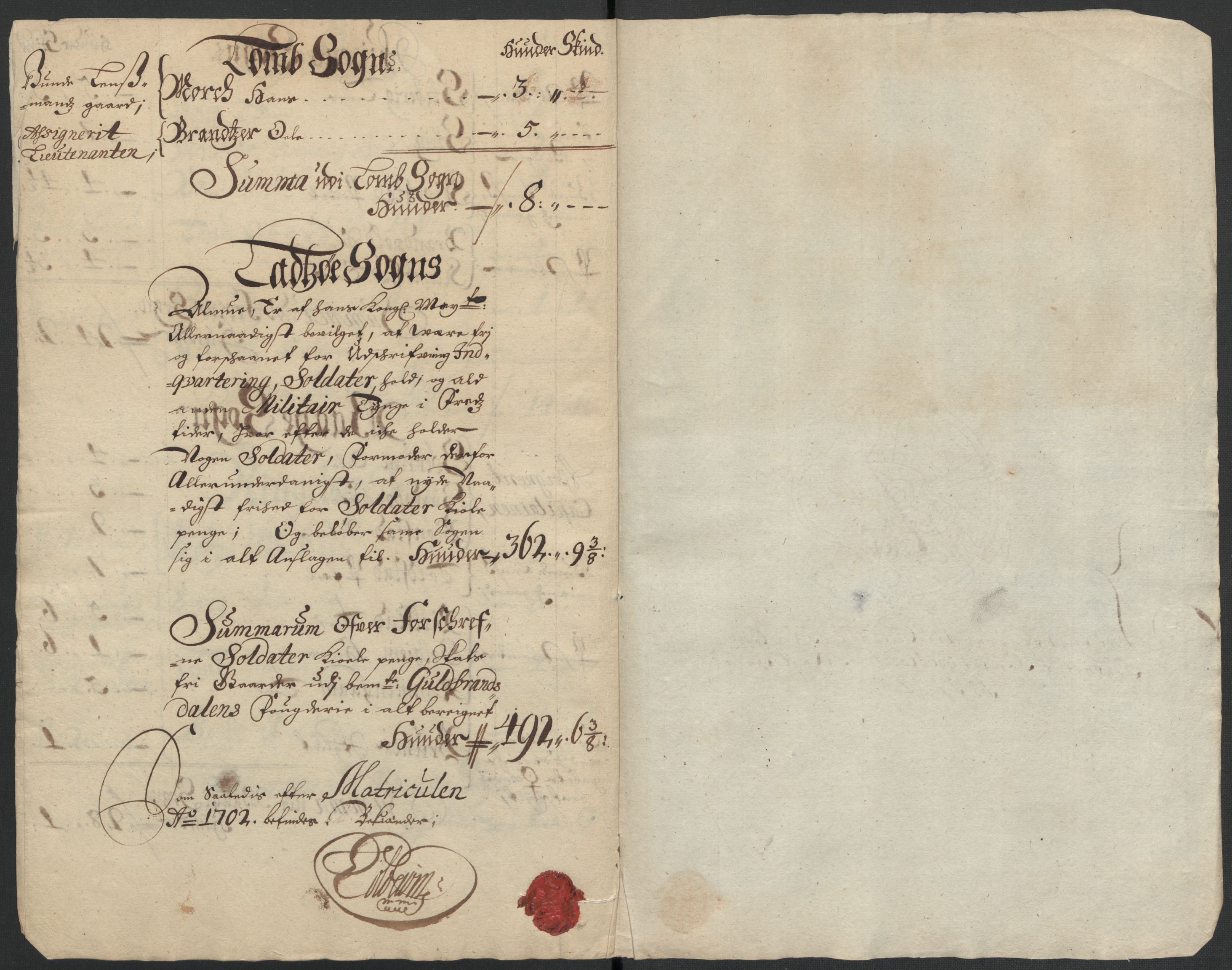 Rentekammeret inntil 1814, Reviderte regnskaper, Fogderegnskap, RA/EA-4092/R17/L1175: Fogderegnskap Gudbrandsdal, 1702, p. 203