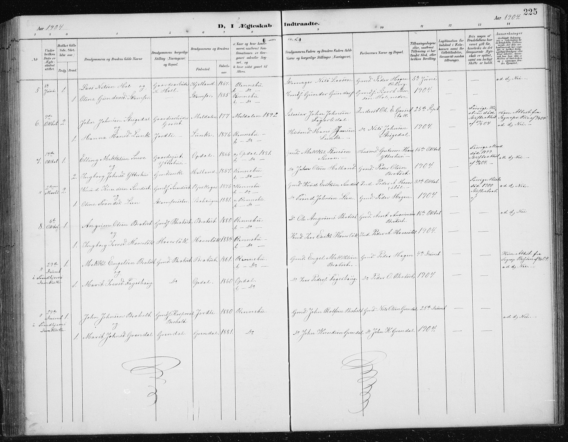 Ministerialprotokoller, klokkerbøker og fødselsregistre - Sør-Trøndelag, SAT/A-1456/674/L0876: Parish register (copy) no. 674C03, 1892-1912, p. 225