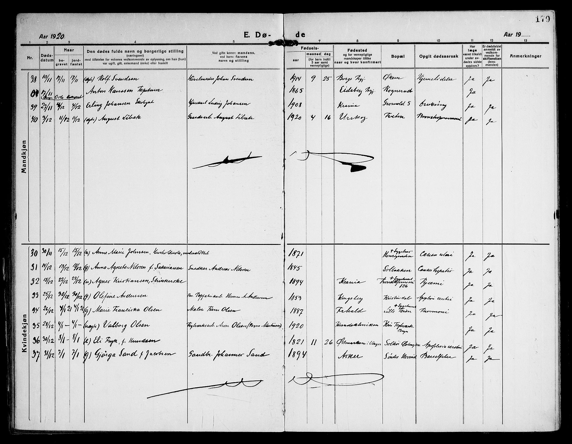 Østre Aker prestekontor Kirkebøker, AV/SAO-A-10840/F/Fa/L0013: Parish register (official) no. I 13, 1918-1929, p. 179