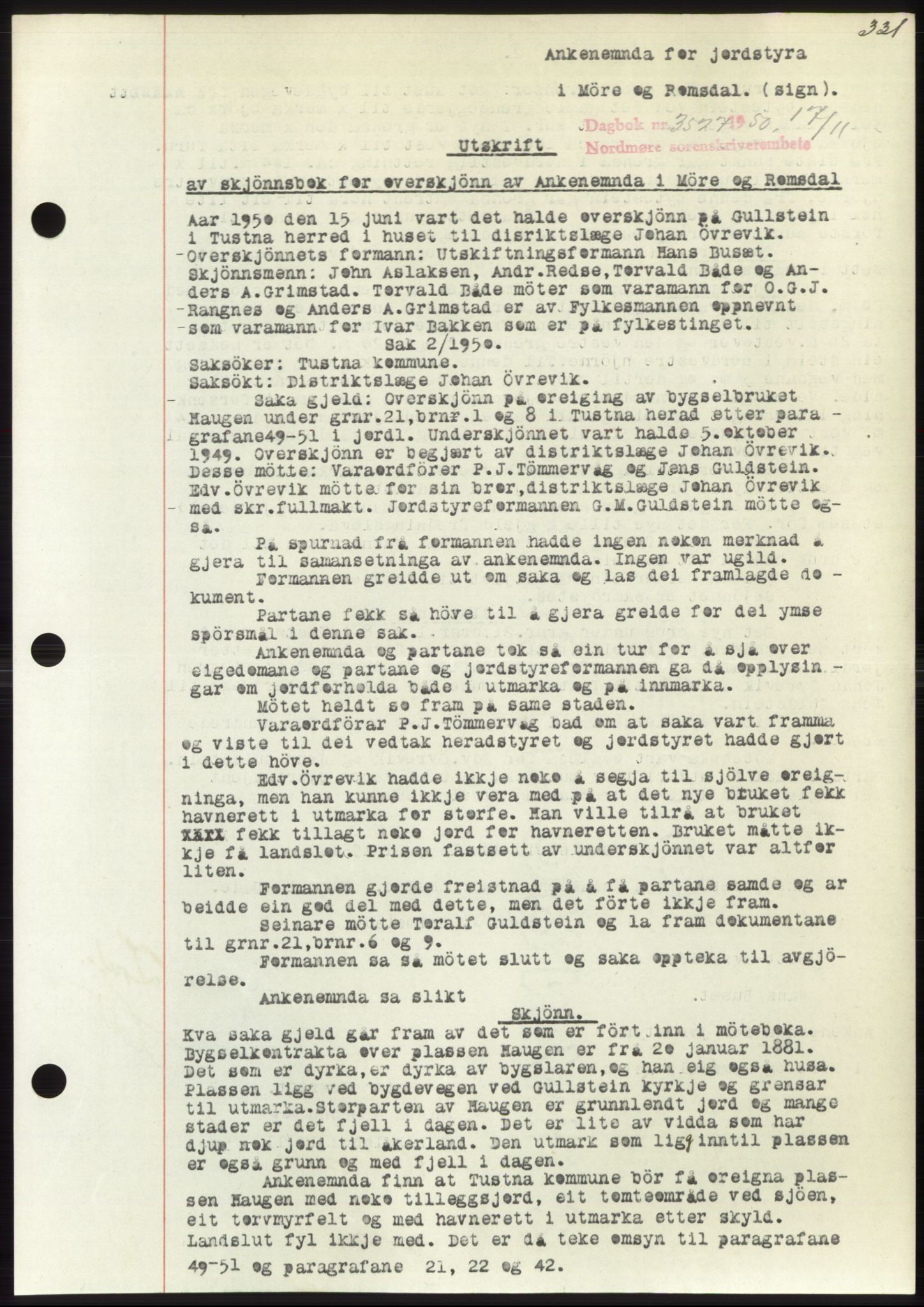 Nordmøre sorenskriveri, AV/SAT-A-4132/1/2/2Ca: Mortgage book no. B106, 1950-1950, Diary no: : 3527/1950