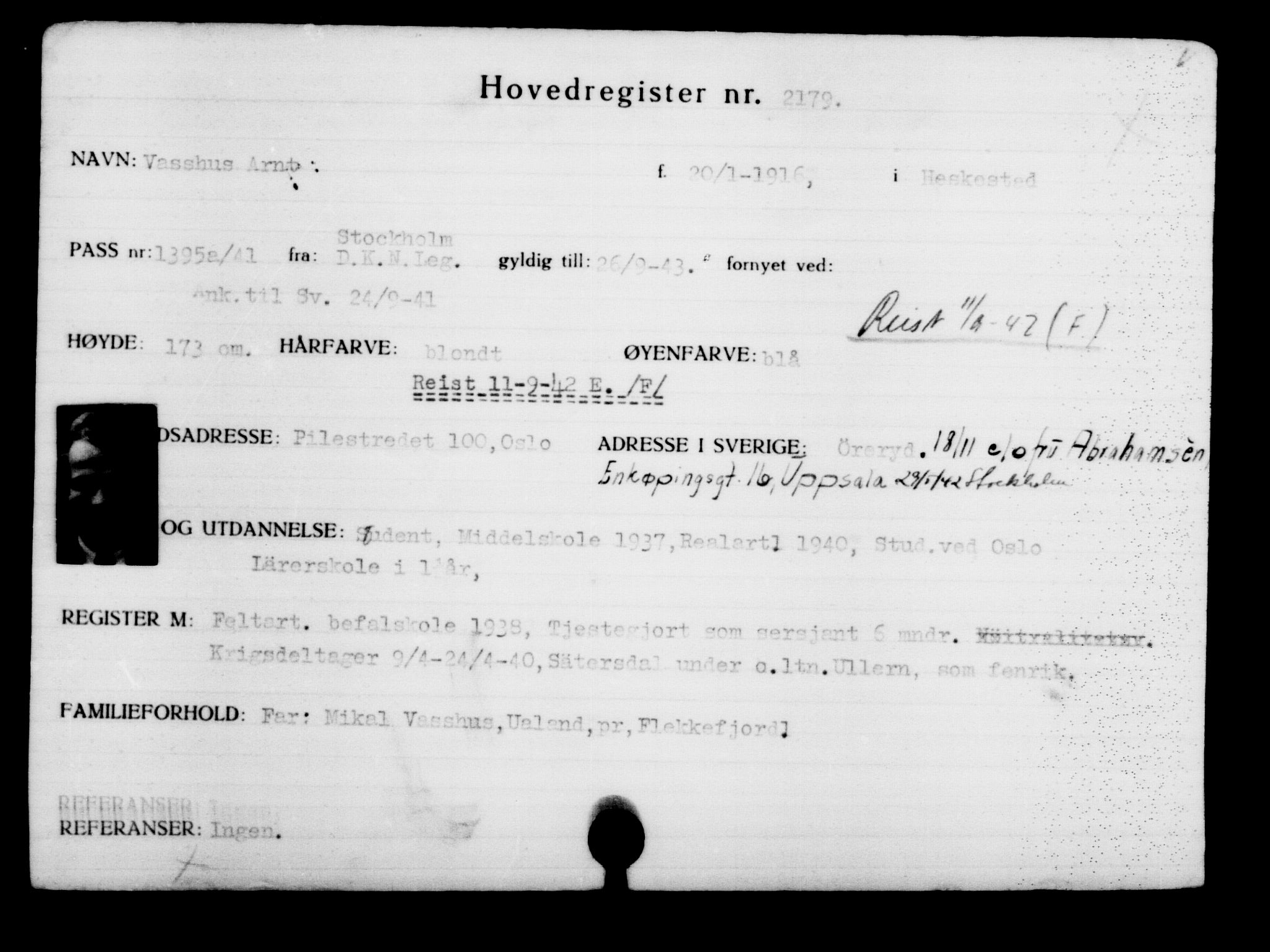 Utenriksstasjonene, Legasjonen i Stockholm, Flyktningkontoret, AV/RA-S-6753/V/Va/L0003: Kjesäterkartoteket, flyktninger med registreringsnr. 2001-3495, 1940-1945, p. 252