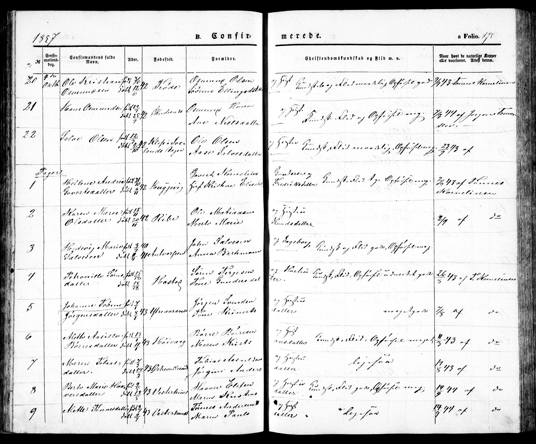Høvåg sokneprestkontor, SAK/1111-0025/F/Fb/L0002: Parish register (copy) no. B 2, 1847-1869, p. 170