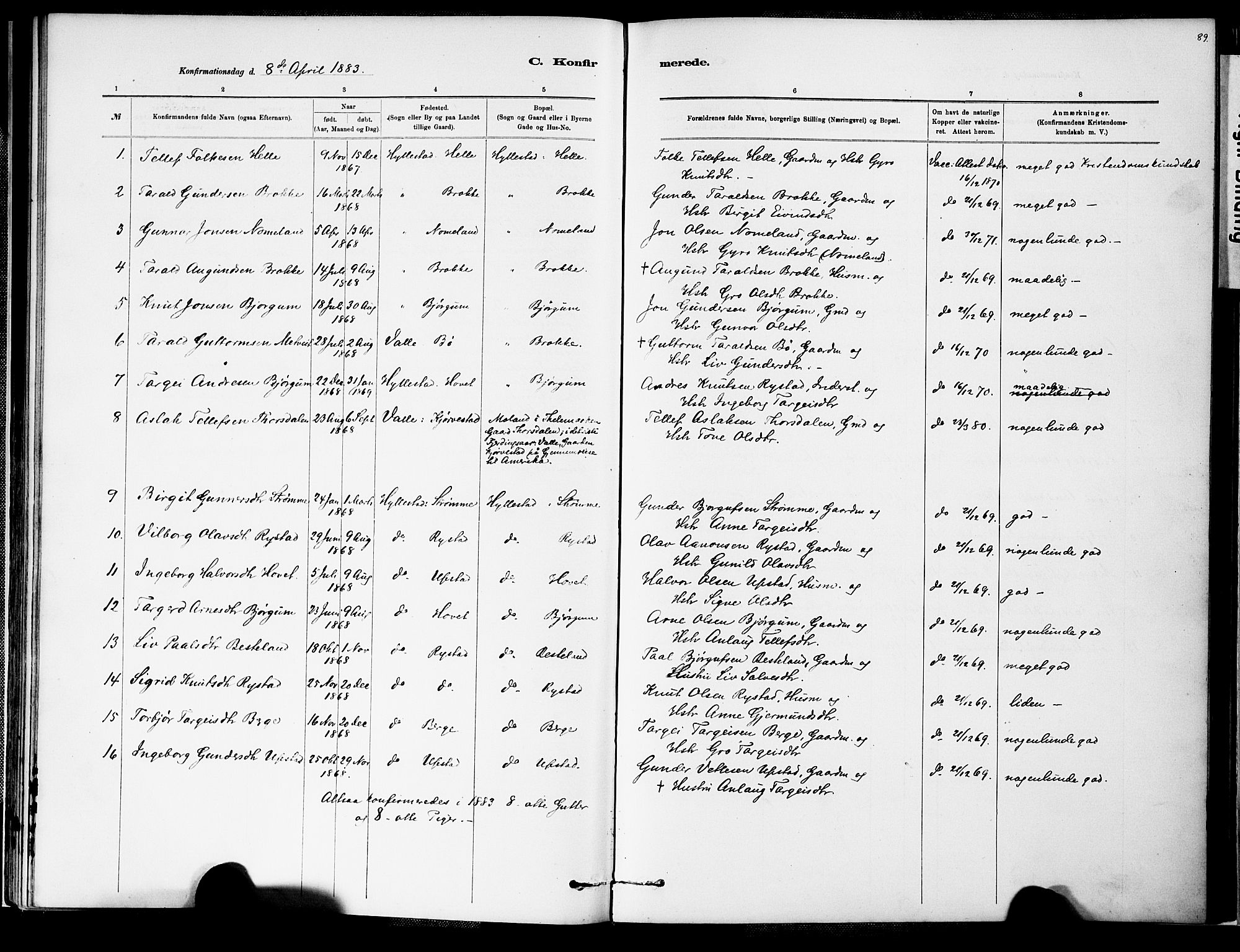 Valle sokneprestkontor, SAK/1111-0044/F/Fa/Fab/L0001: Parish register (official) no. A 1, 1882-1910, p. 89