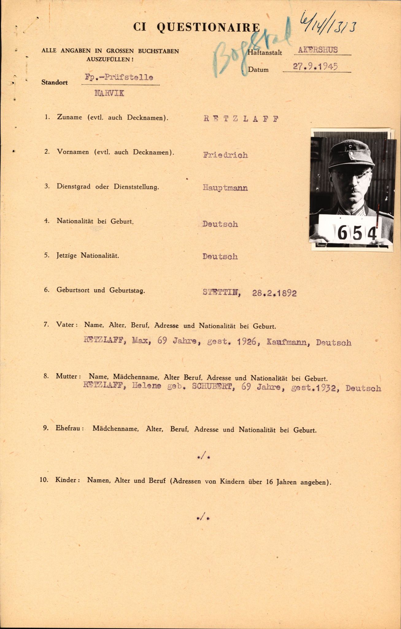 Forsvaret, Forsvarets overkommando II, AV/RA-RAFA-3915/D/Db/L0027: CI Questionaires. Tyske okkupasjonsstyrker i Norge. Tyskere., 1945-1946, p. 243