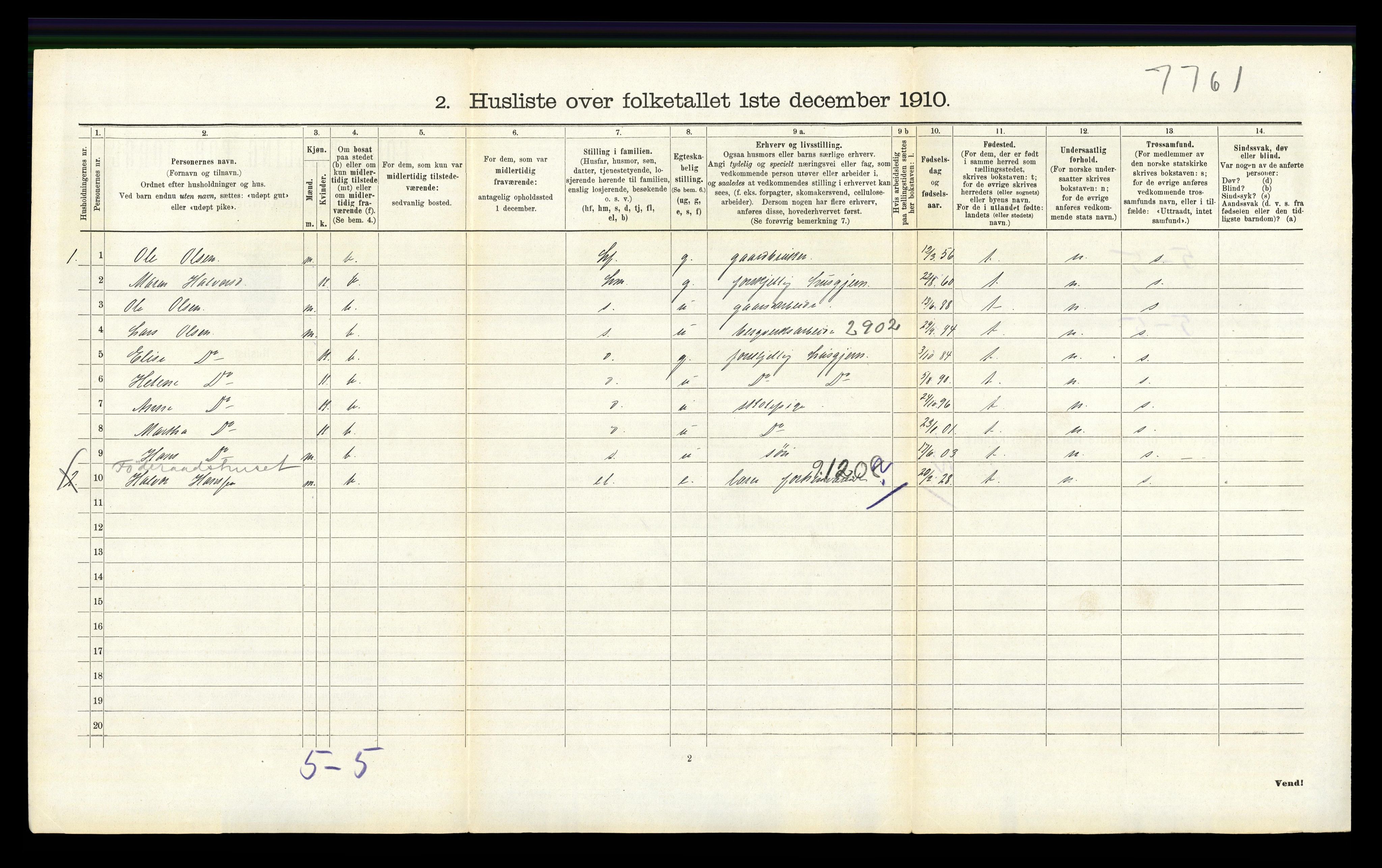 RA, 1910 census for Lunner, 1910, p. 487