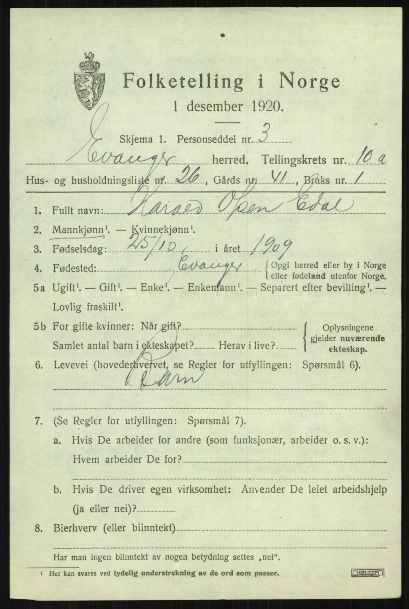 SAB, 1920 census for Evanger, 1920, p. 3345