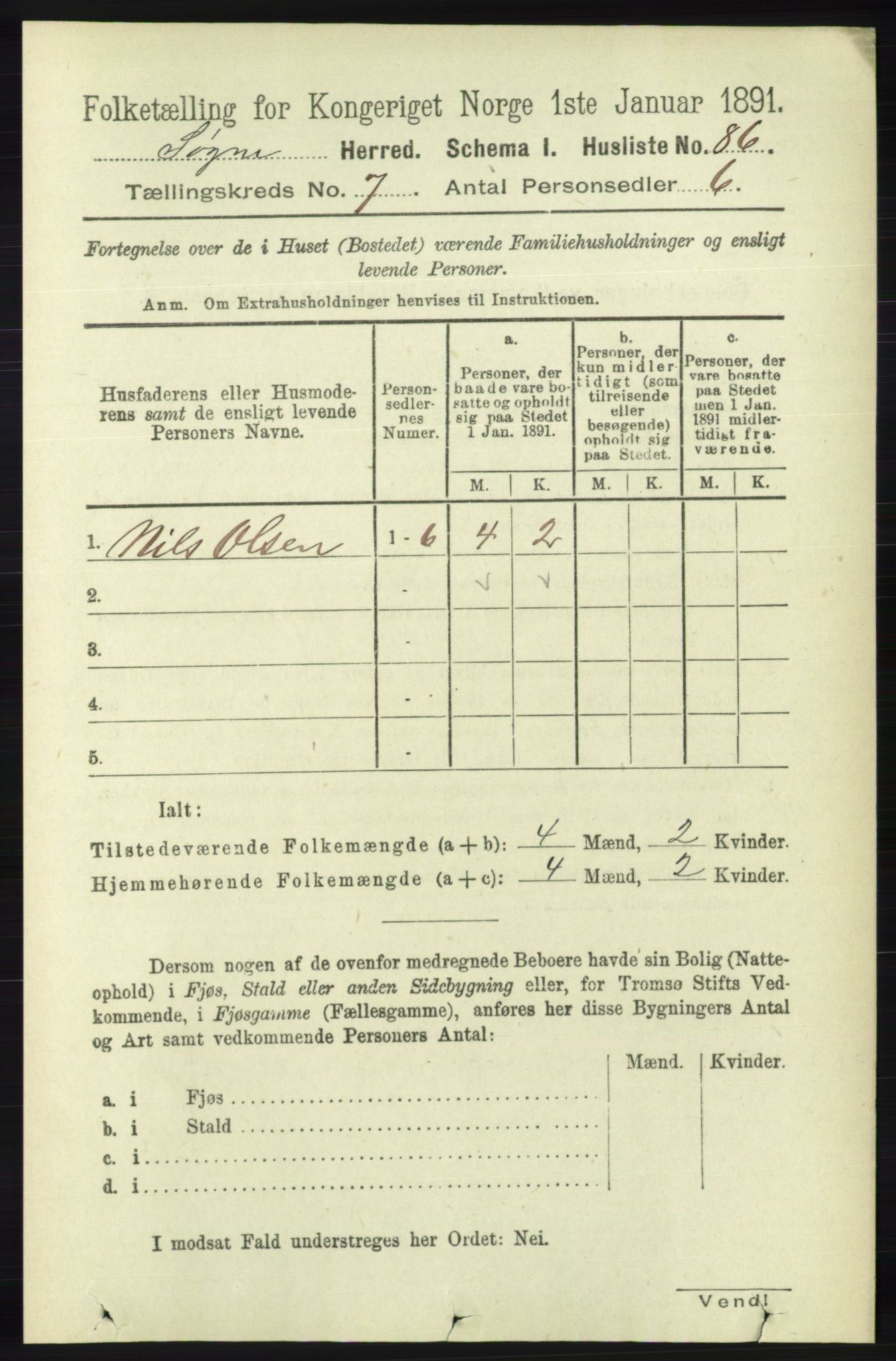 RA, 1891 census for 1018 Søgne, 1891, p. 1509