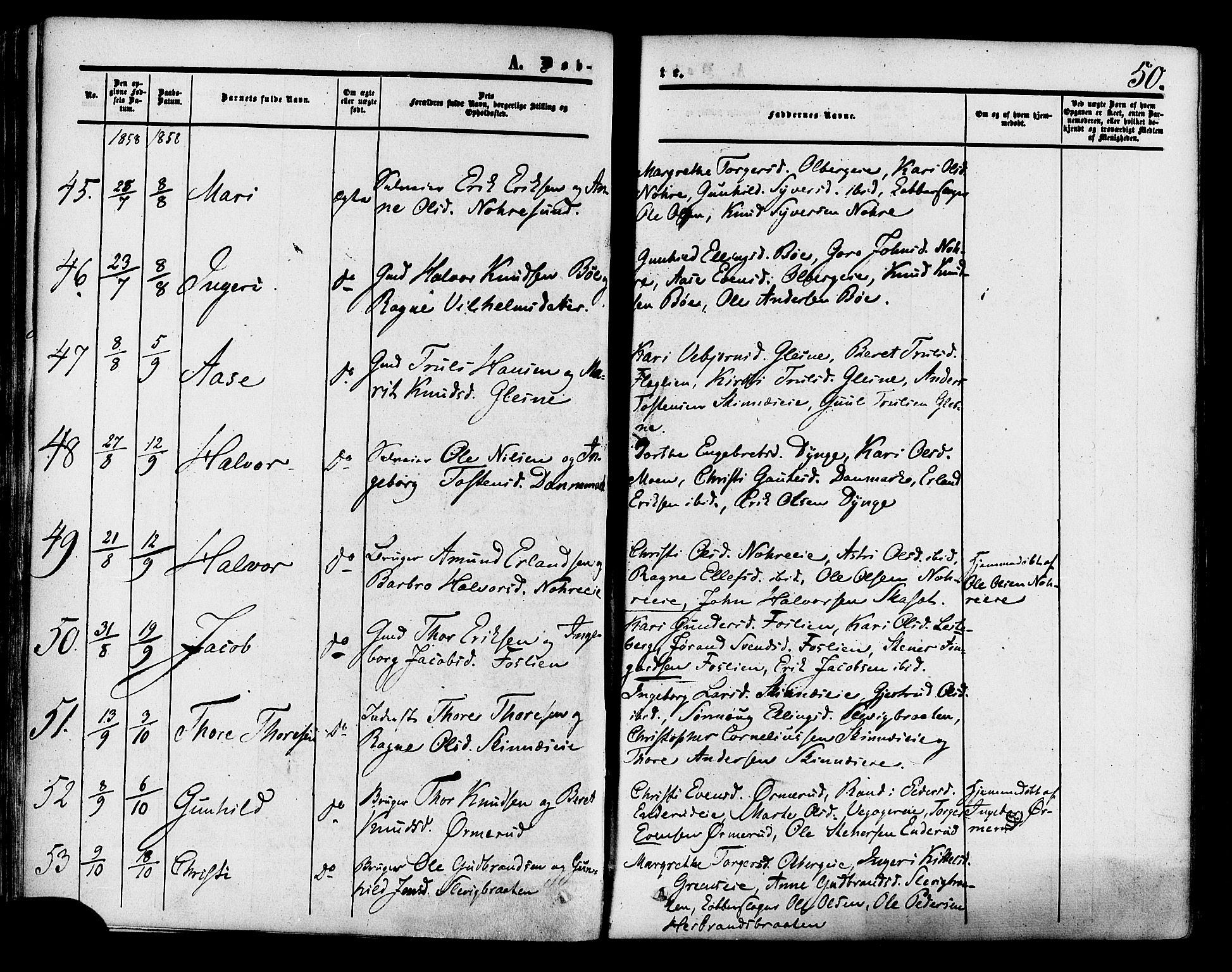 Krødsherad kirkebøker, AV/SAKO-A-19/F/Fa/L0003: Parish register (official) no. 3, 1851-1872, p. 50