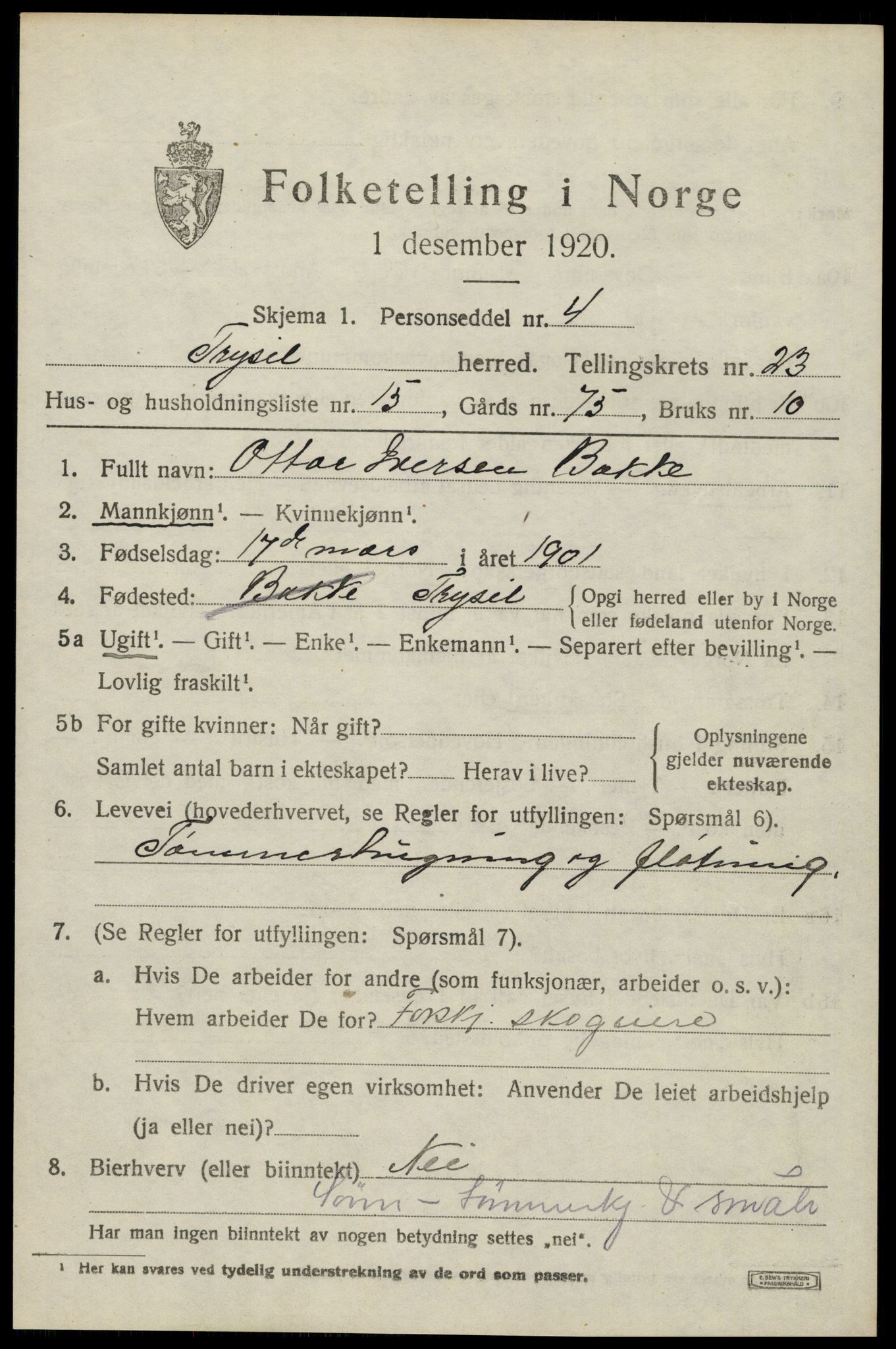 SAH, 1920 census for Trysil, 1920, p. 15011