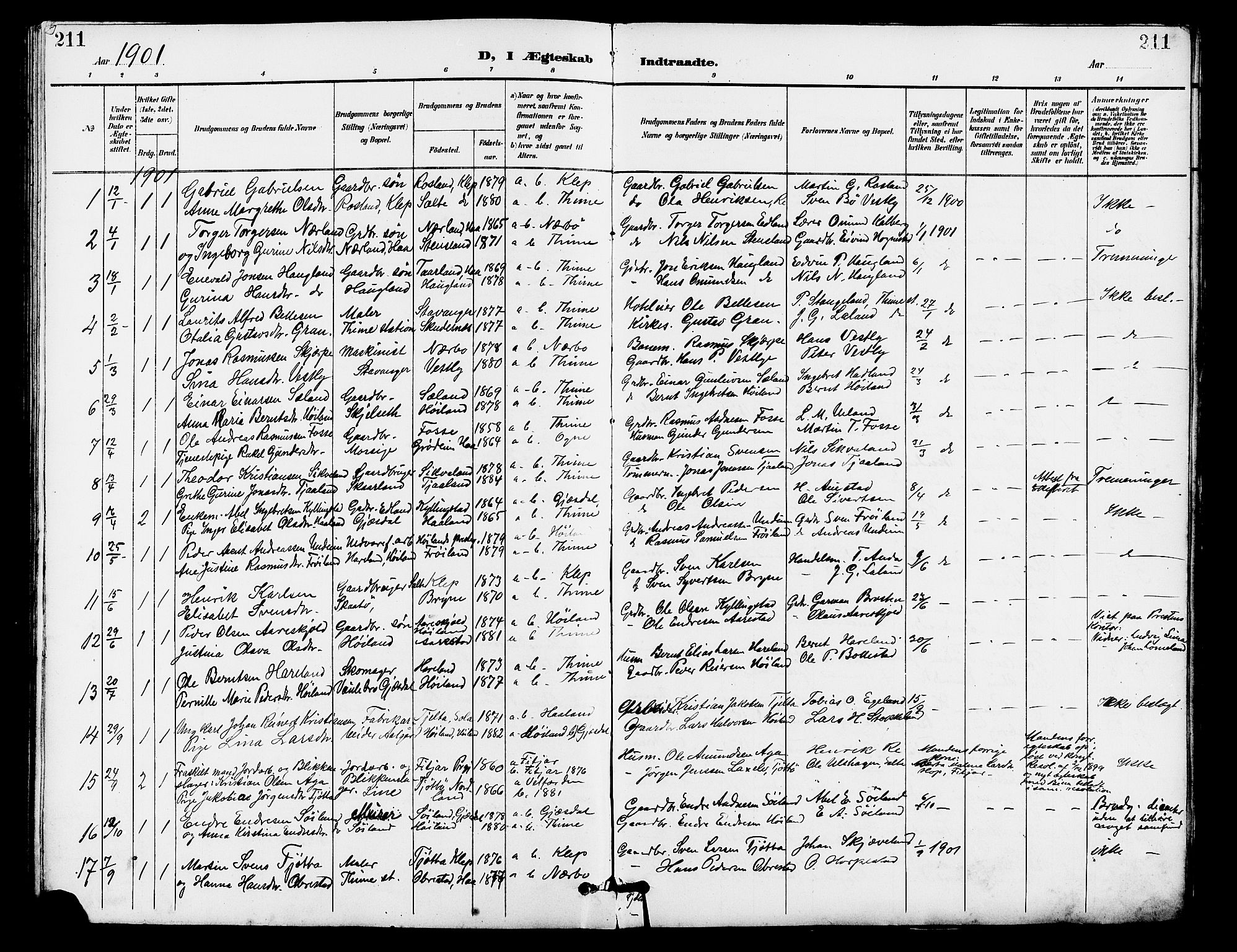 Lye sokneprestkontor, SAST/A-101794/001/30BB/L0007: Parish register (copy) no. B 8, 1889-1909, p. 211