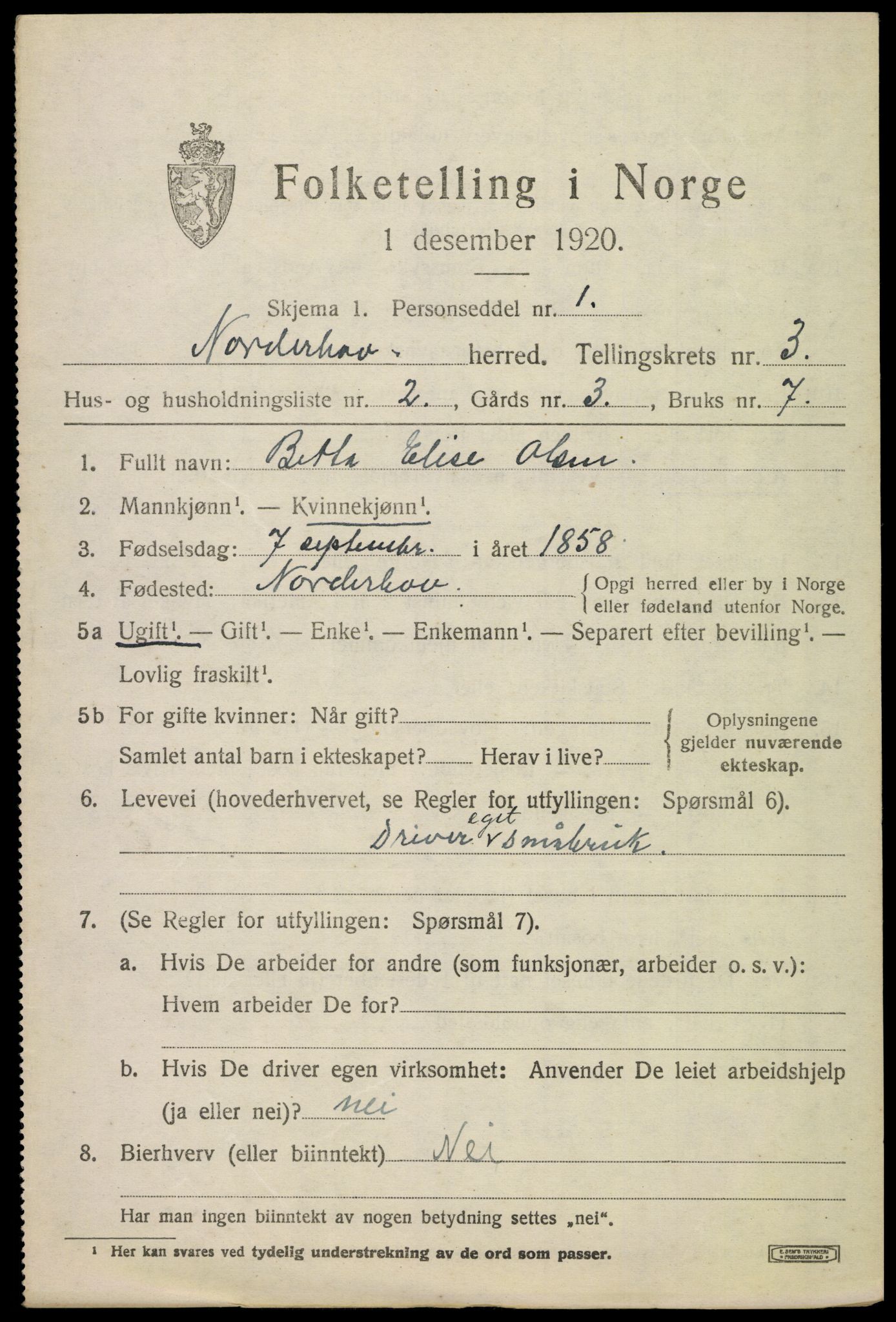 SAKO, 1920 census for Norderhov, 1920, p. 5290