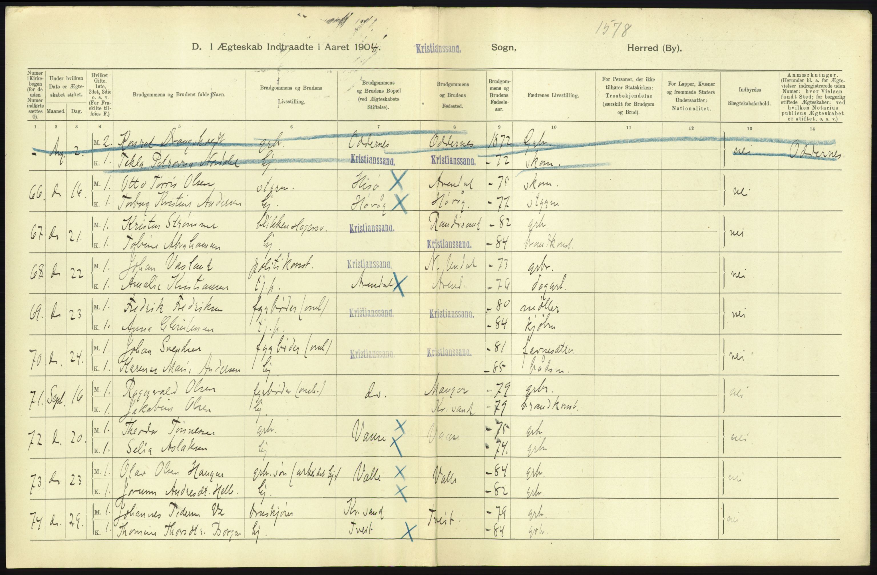 Statistisk sentralbyrå, Sosiodemografiske emner, Befolkning, AV/RA-S-2228/D/Df/Dfa/Dfab/L0011: Lister og Mandals amt: Fødte, gifte, døde, 1904, p. 573