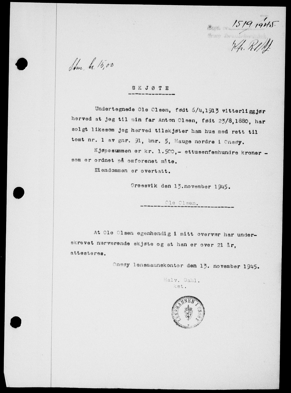 Onsøy sorenskriveri, SAO/A-10474/G/Ga/Gab/L0015: Mortgage book no. II A-15, 1945-1946, Diary no: : 1519/1945