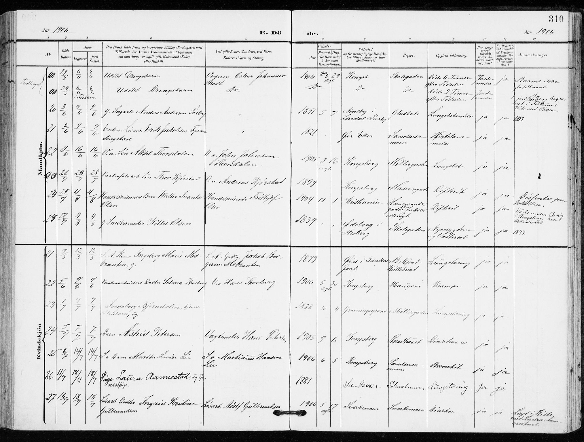 Kongsberg kirkebøker, AV/SAKO-A-22/F/Fb/L0004: Parish register (official) no. II 4, 1906-1918, p. 310