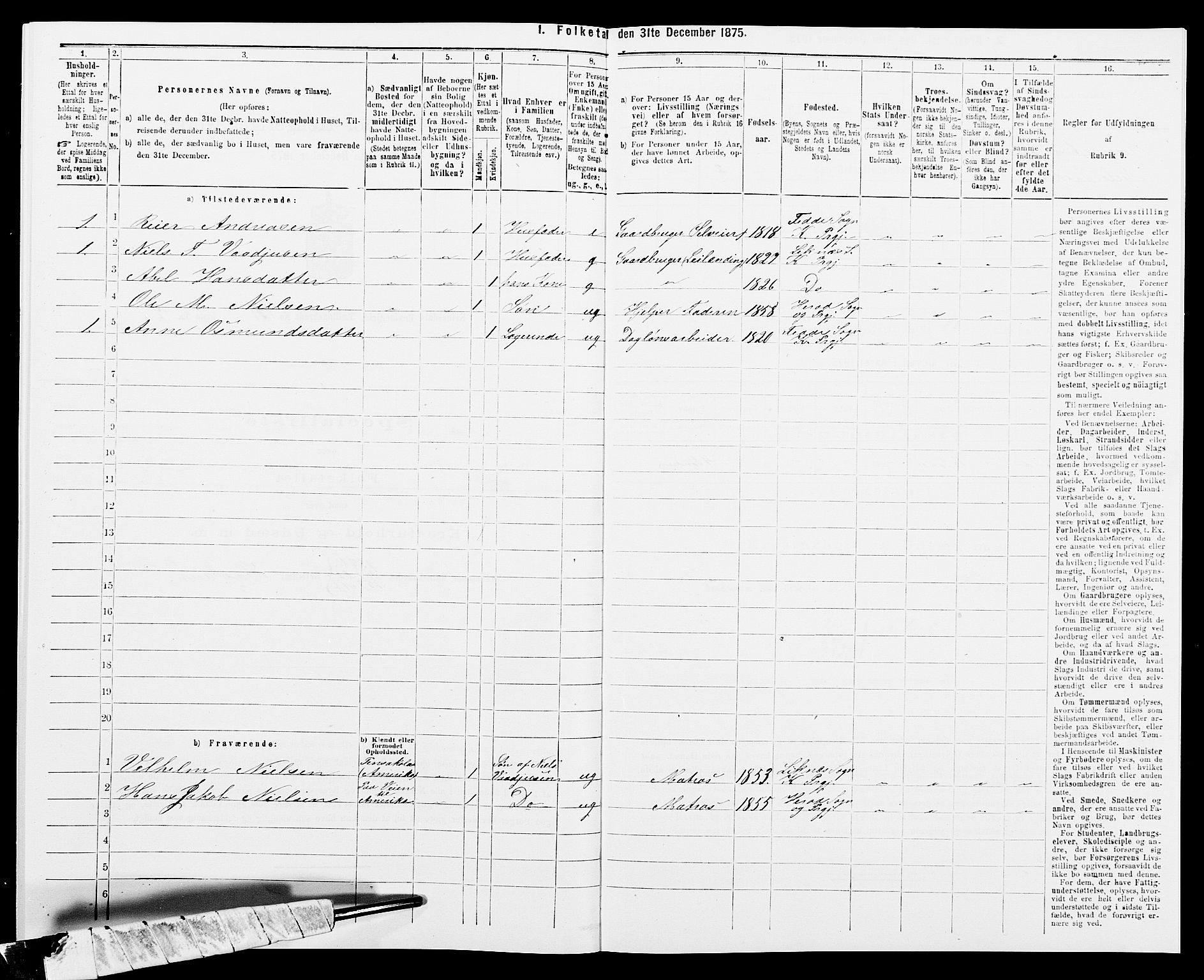 SAK, 1875 census for 1037P Kvinesdal, 1875, p. 1552