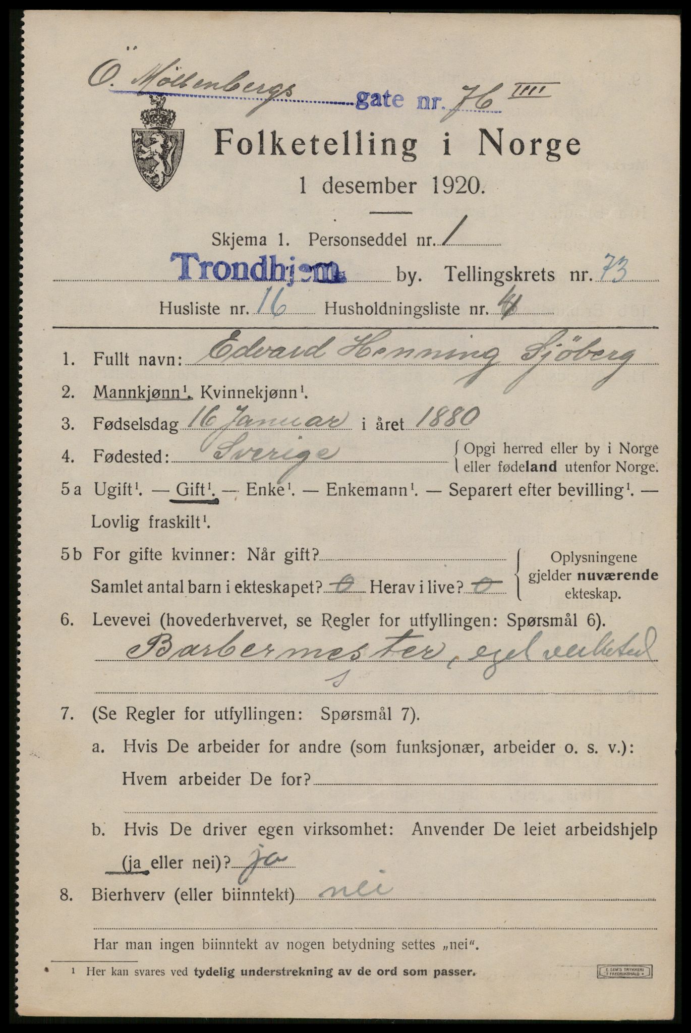 SAT, 1920 census for Trondheim, 1920, p. 143764