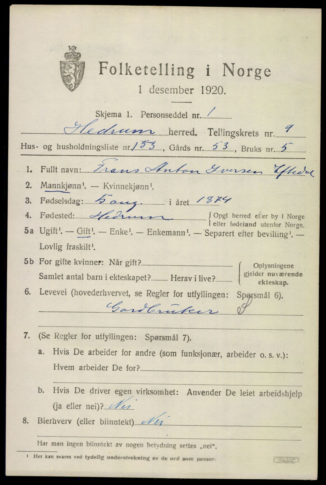 SAKO, 1920 census for Hedrum, 1920, p. 6803